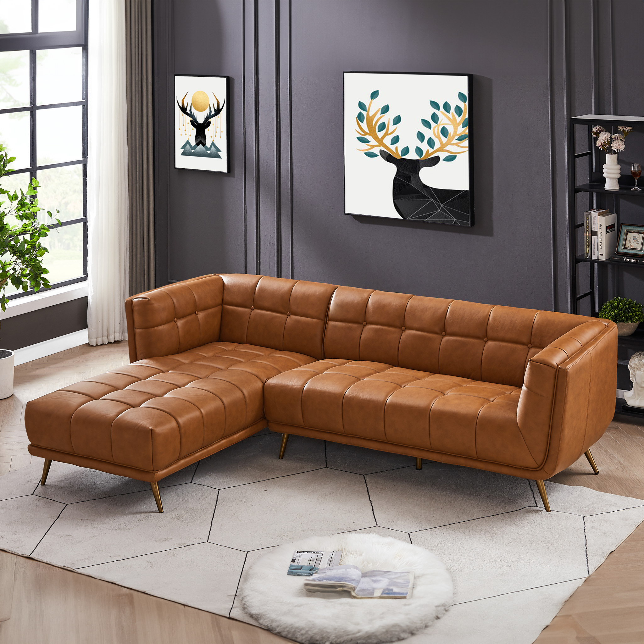 Addison Left Sectional Cognac Leather Sofa