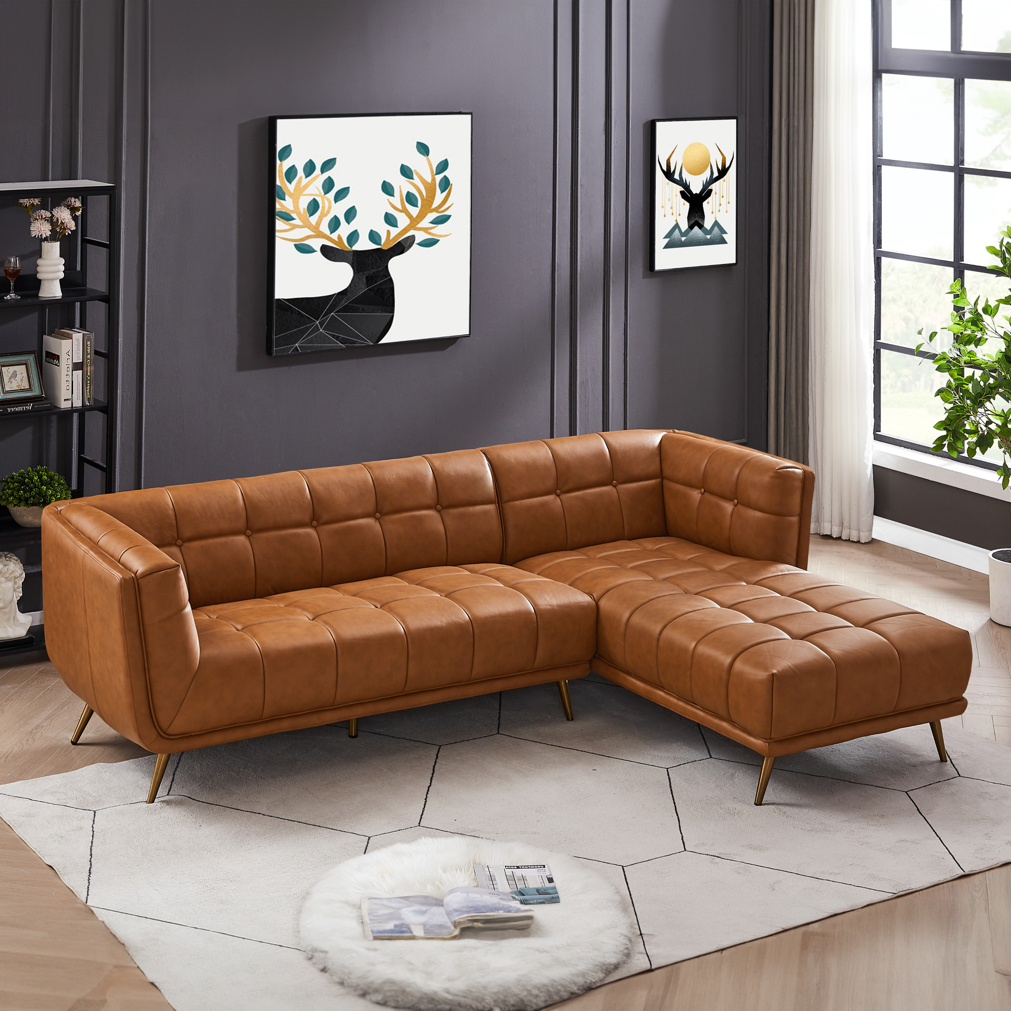 Addison Right Sectional Cognac Leather Sofa