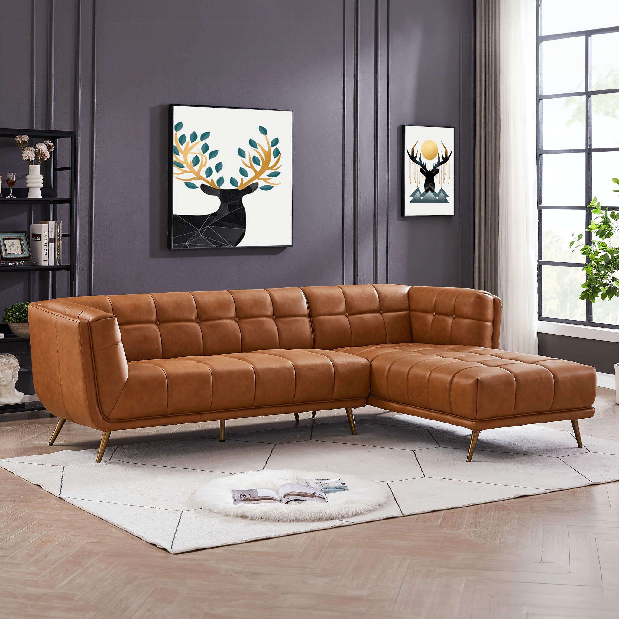 Addison Right Sectional Cognac Leather Sofa