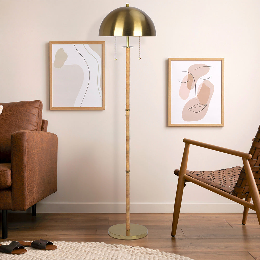 Allure 2-Light Floor Lamp, Gold Brass, Natural Rattan Tube , Double On/Off Pull Chain - West Lamp