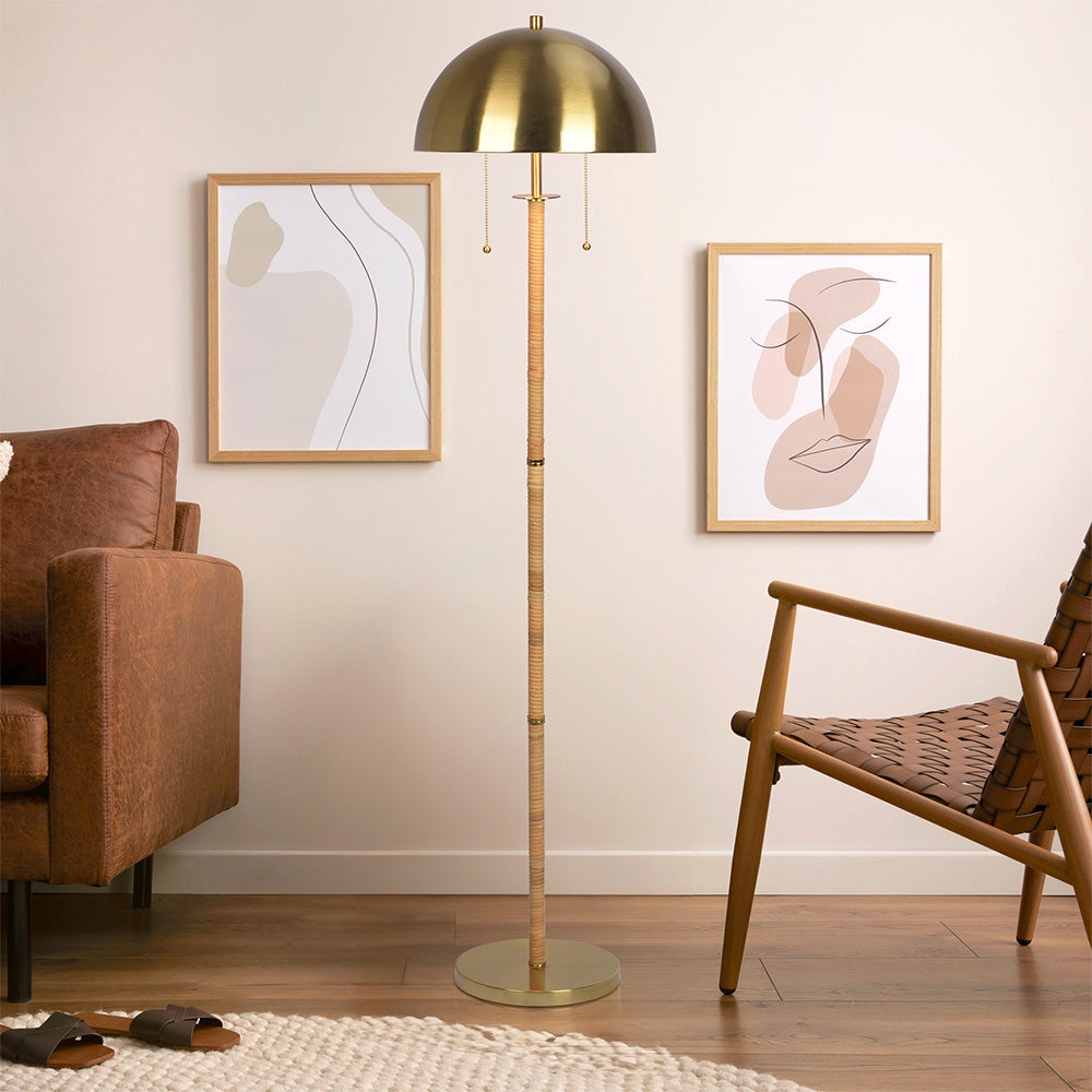 Allure 2-Light Floor Lamp, Gold Brass, Natural Rattan Tube , Double On/Off Pull Chain - West Lamp