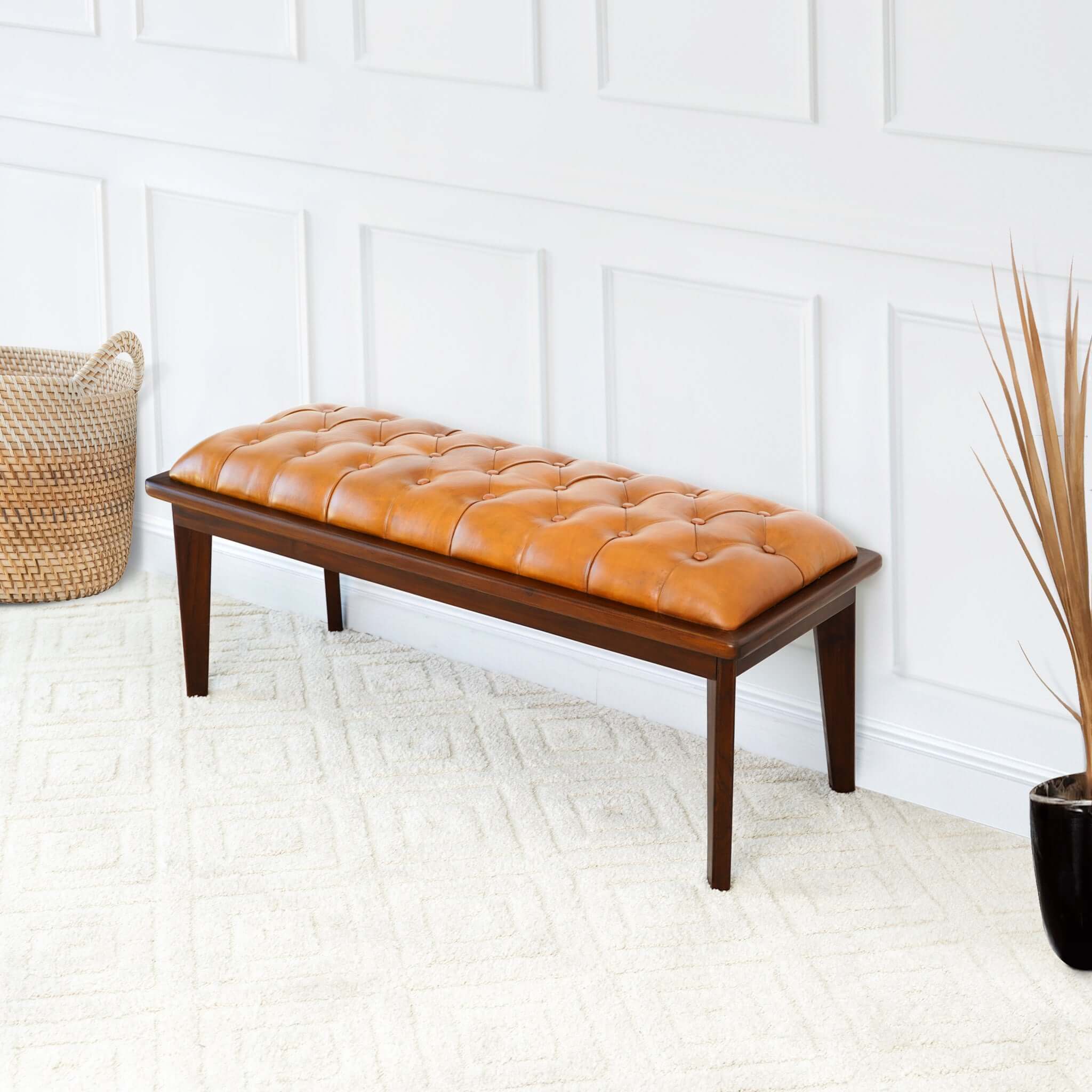 Arden Tan Leather Bench With Buttons