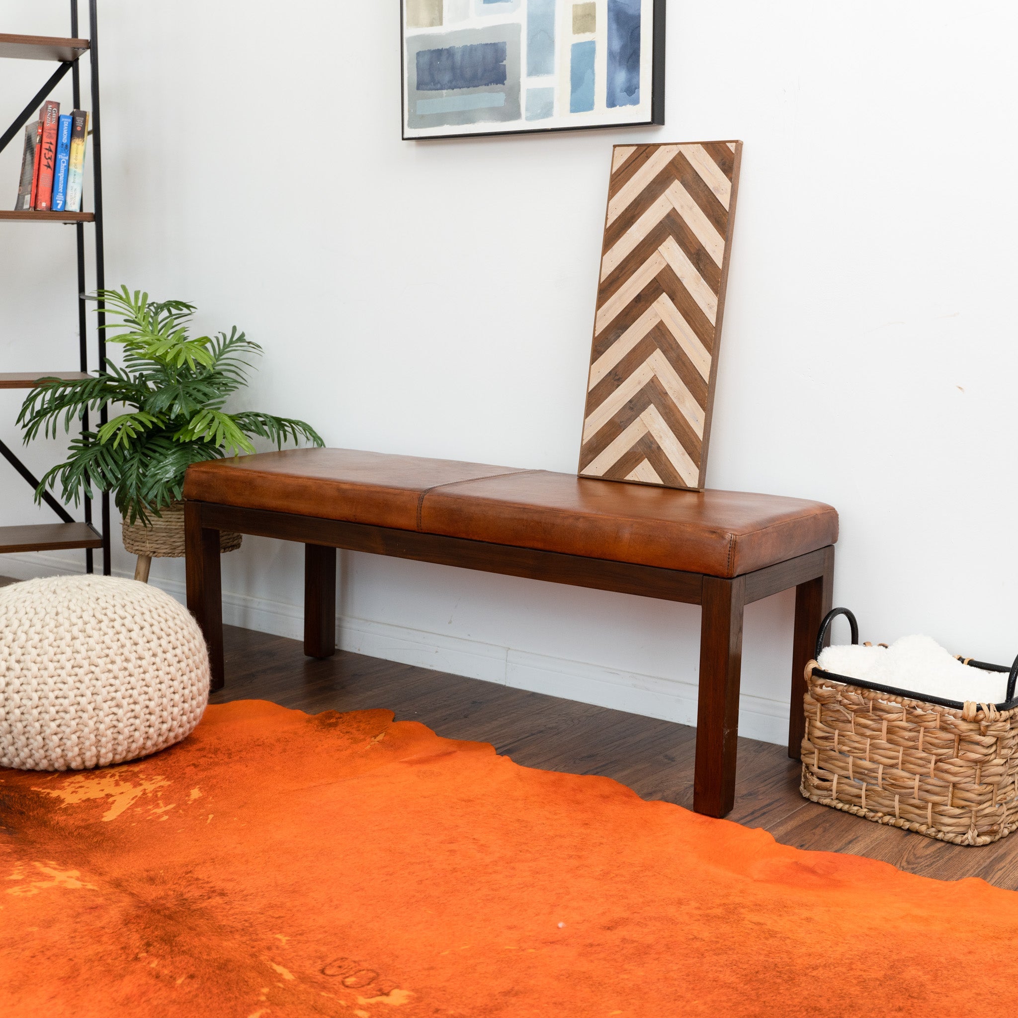 Austin Antique Tan Leather Bench with Lines