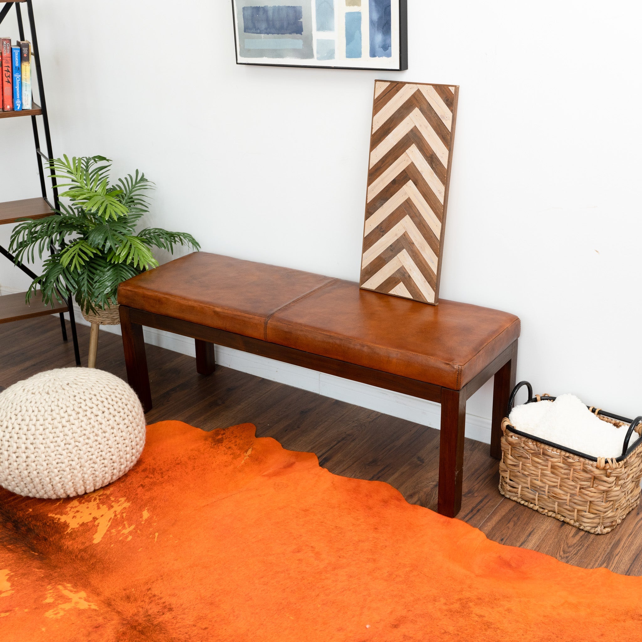 Austin Antique Tan Leather Bench with Lines