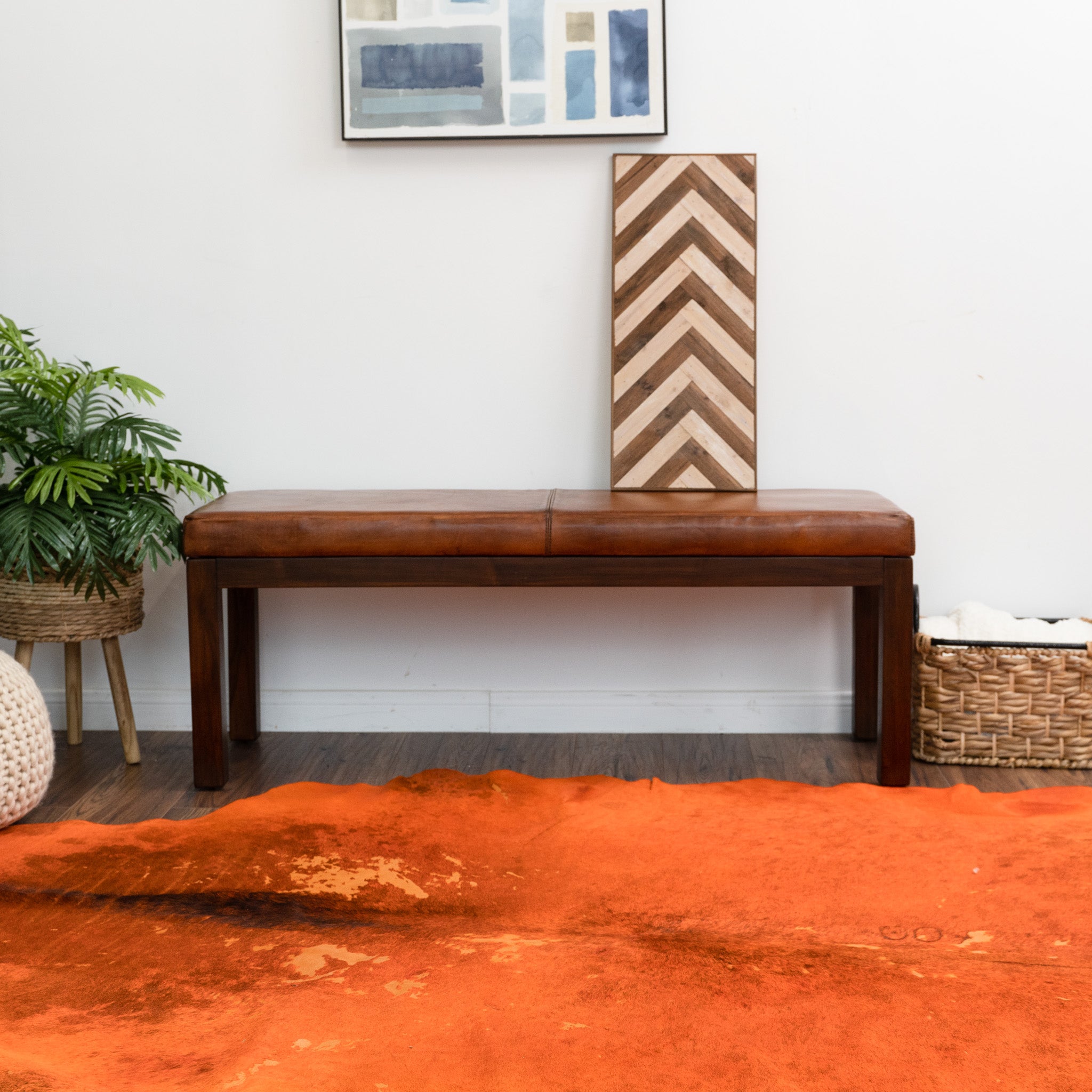 Austin Antique Tan Leather Bench with Lines