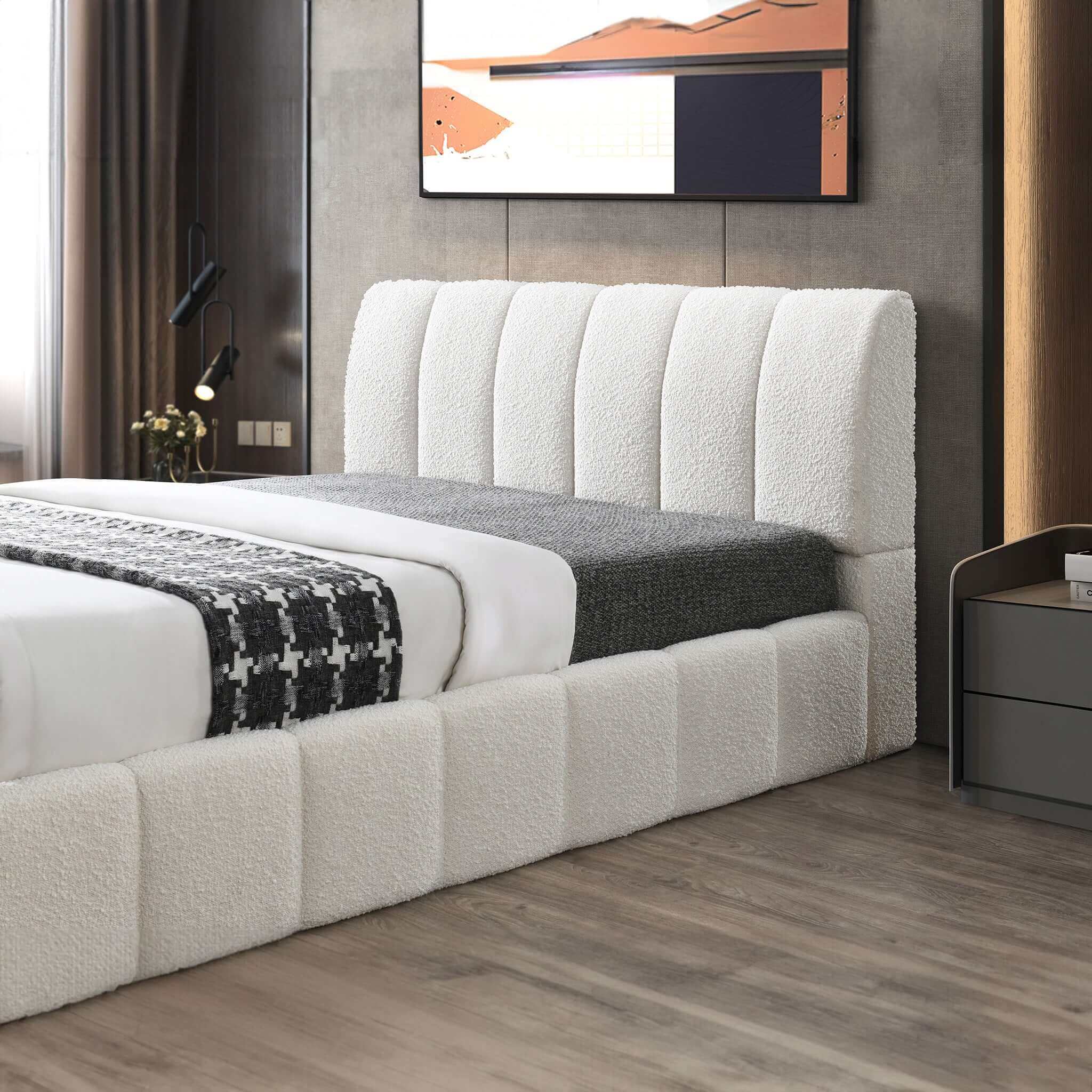 Hilar  White Boucle Platform Bed Queen