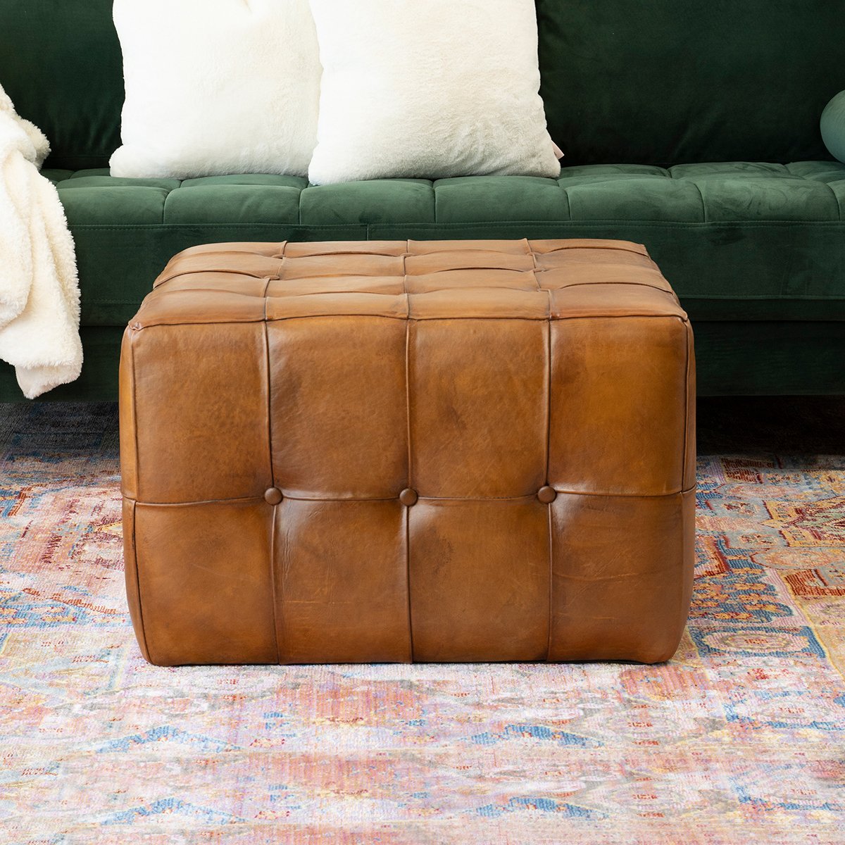 Benjiro Square Tan Leather Ottoman