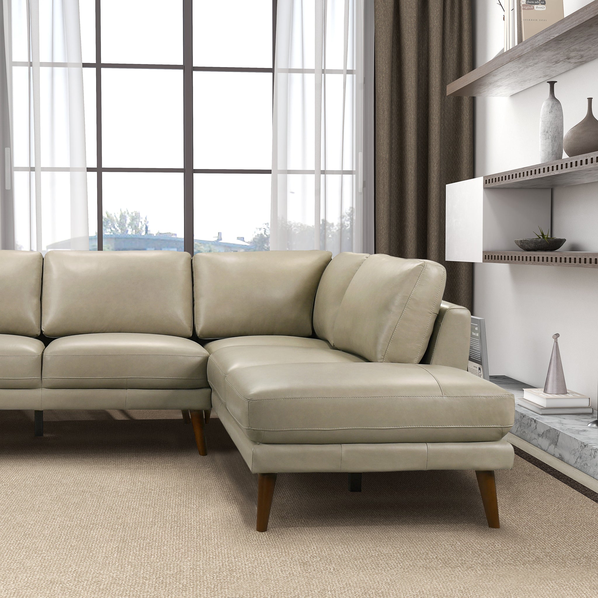 Benson Beige Leather Sectional Sofa Right Facing Chaise