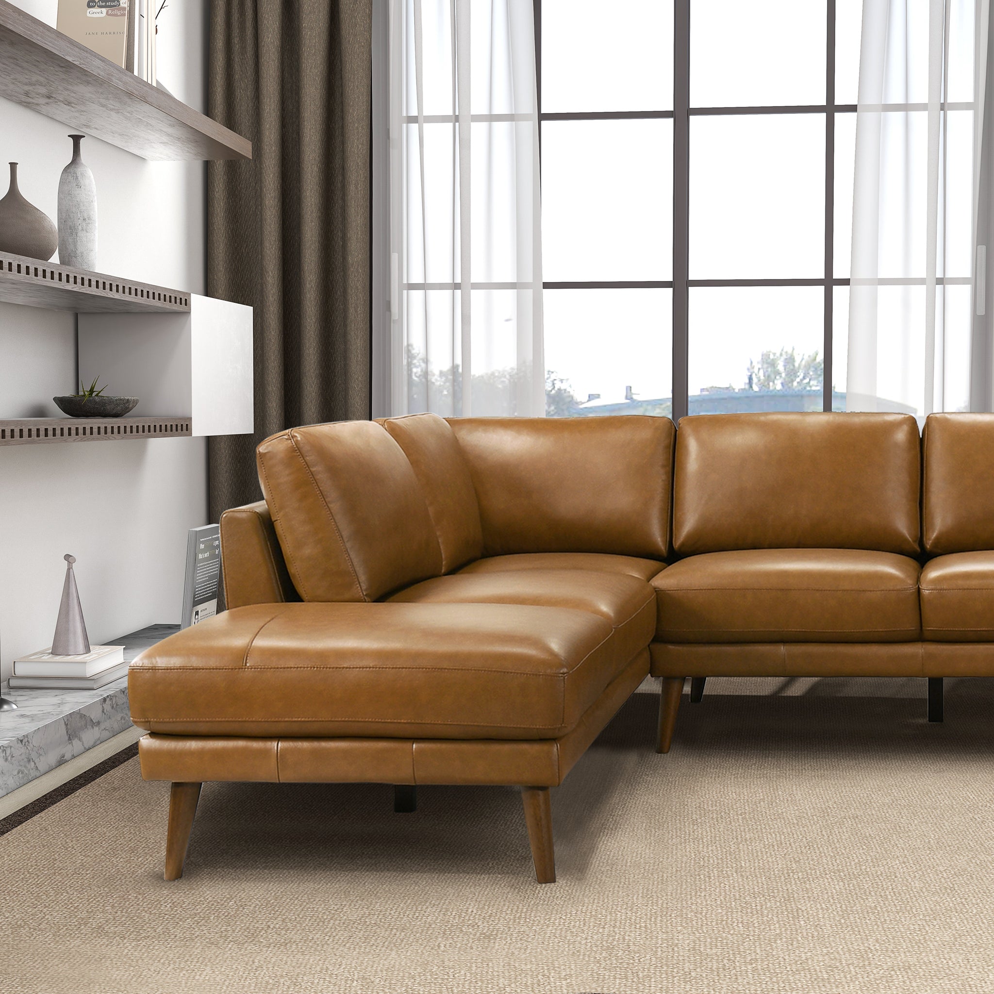 Benson Tan Leather Sectional Sofa Left Facing Chaise