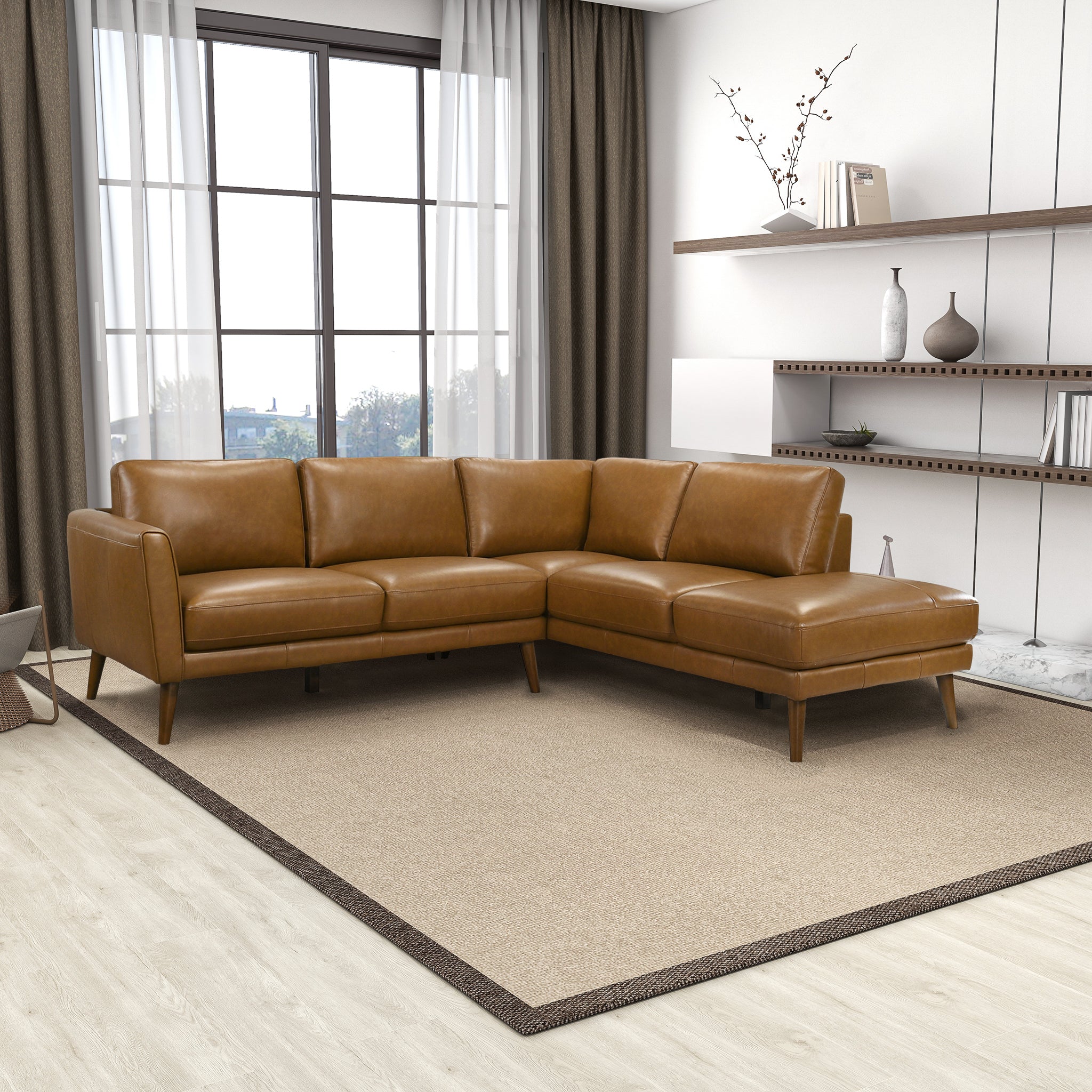 Benson Tan Leather Sectional Sofa Right Facing Chaise