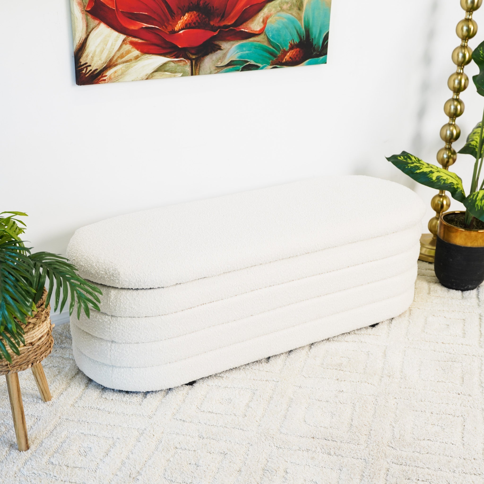 Cabana White Boucle Bench w/Storage