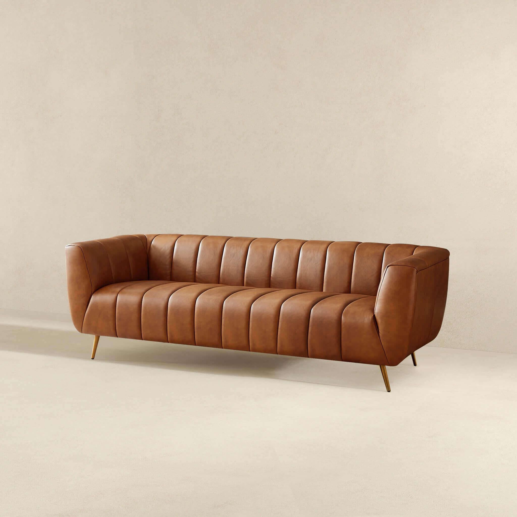 Ava Genuine Italian Tan Leather Channel Tufted Sofa