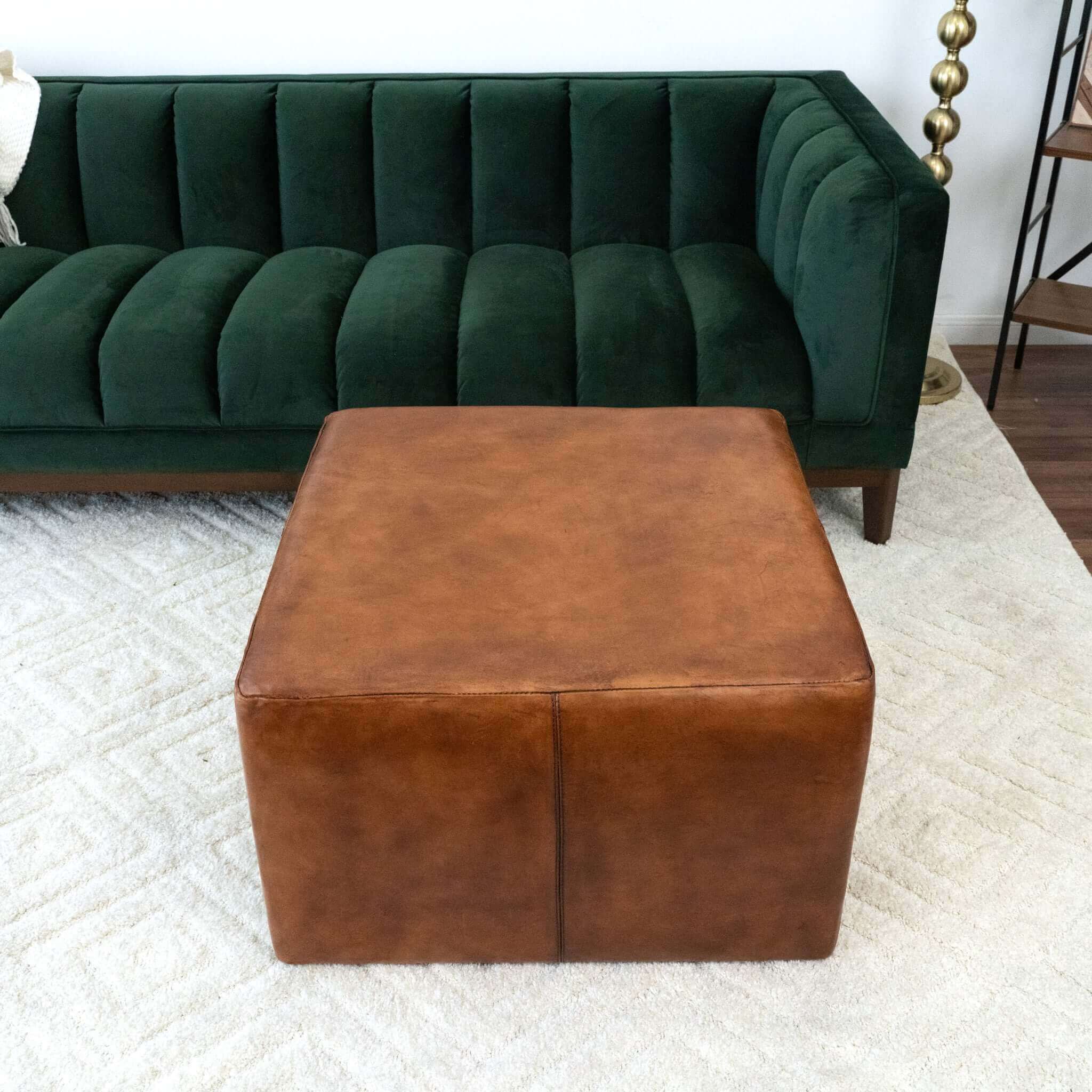 Mallory Mid-Century Square Genuine Leather Upholstered Ottoman In Tan 27.5"