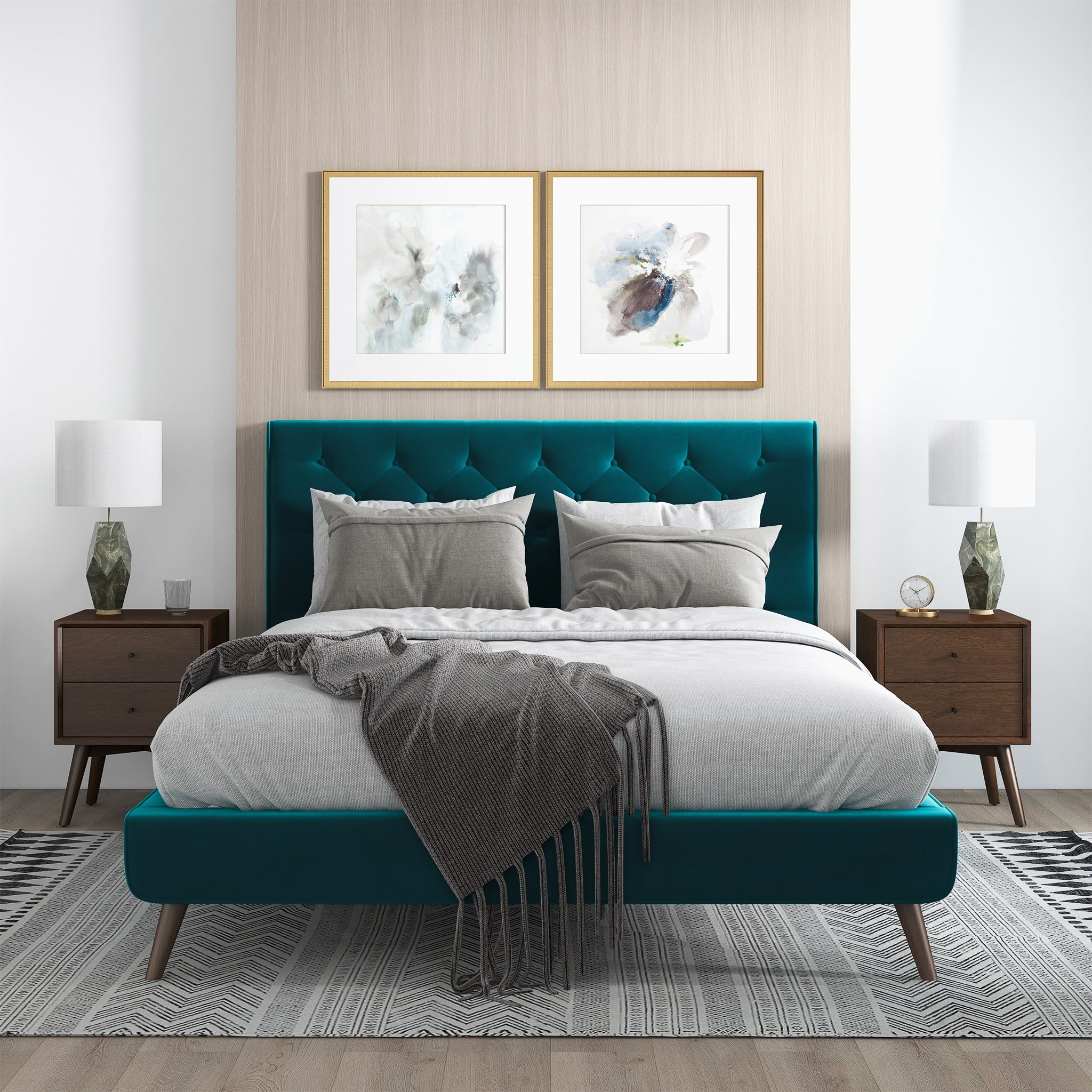 Dillon  Teal Velvet Platform Bed(Queen Size)