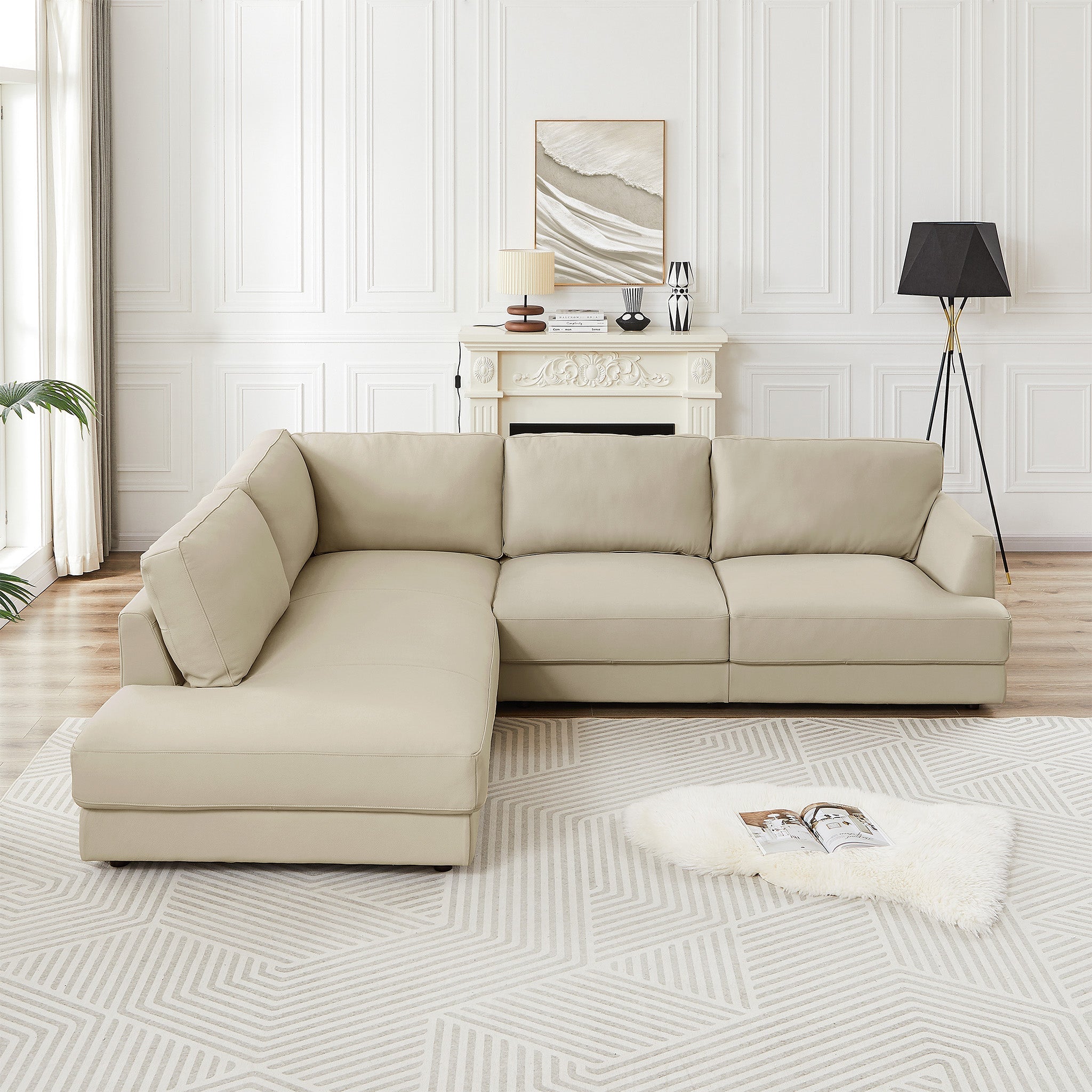 Glander Cream Leather Sectional Sofa Left Facing