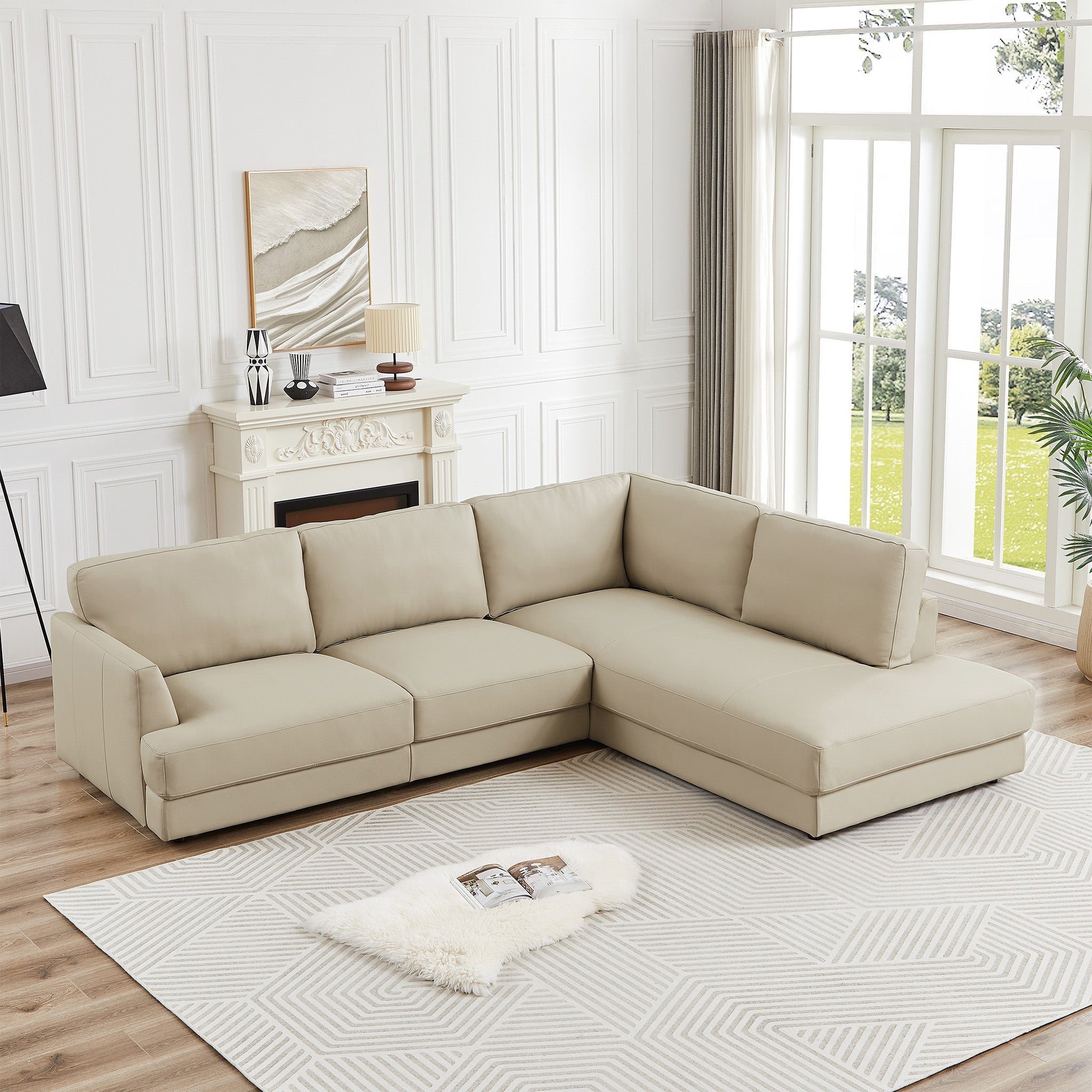 Glander Cream Leather Sectional Sofa Right Facing