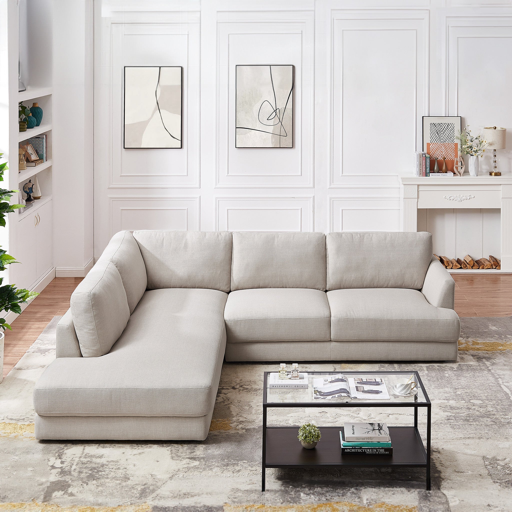 Glander Cream Linen Sectional Sofa Left Facing