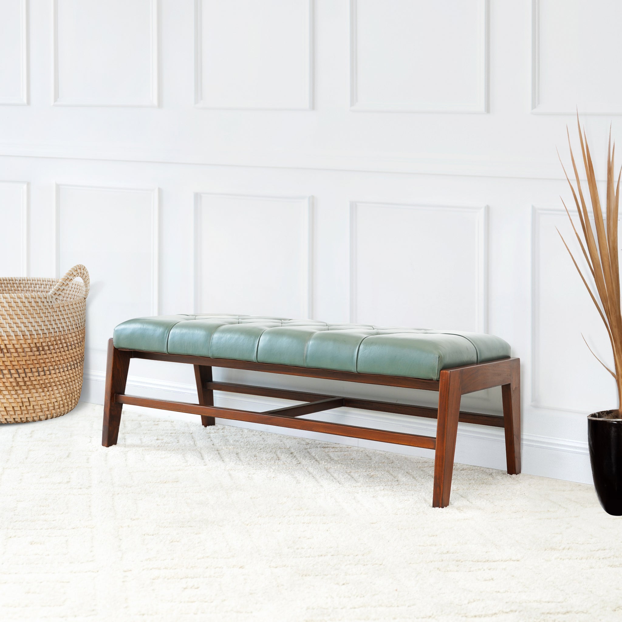 Hera Bench With Buttons (Green Leather)