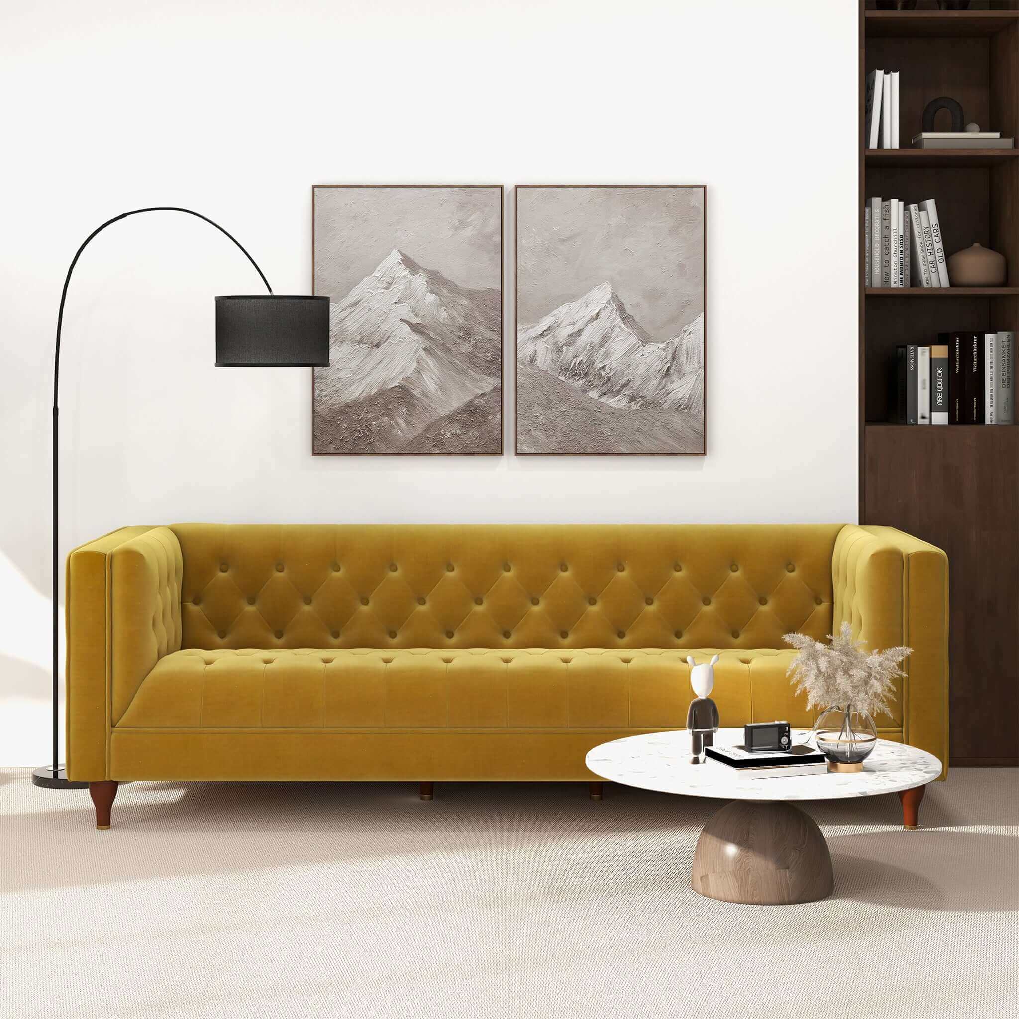 Evelyn Mid Century Modern Yellow Velvet Luxury Chesterfield Sofa