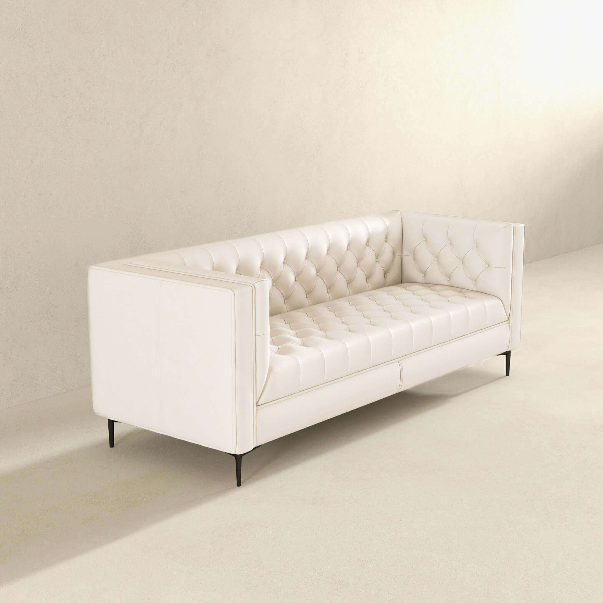 Evelyn Mid Century Modern Cream Leather Luxury Chesterfield Sofa