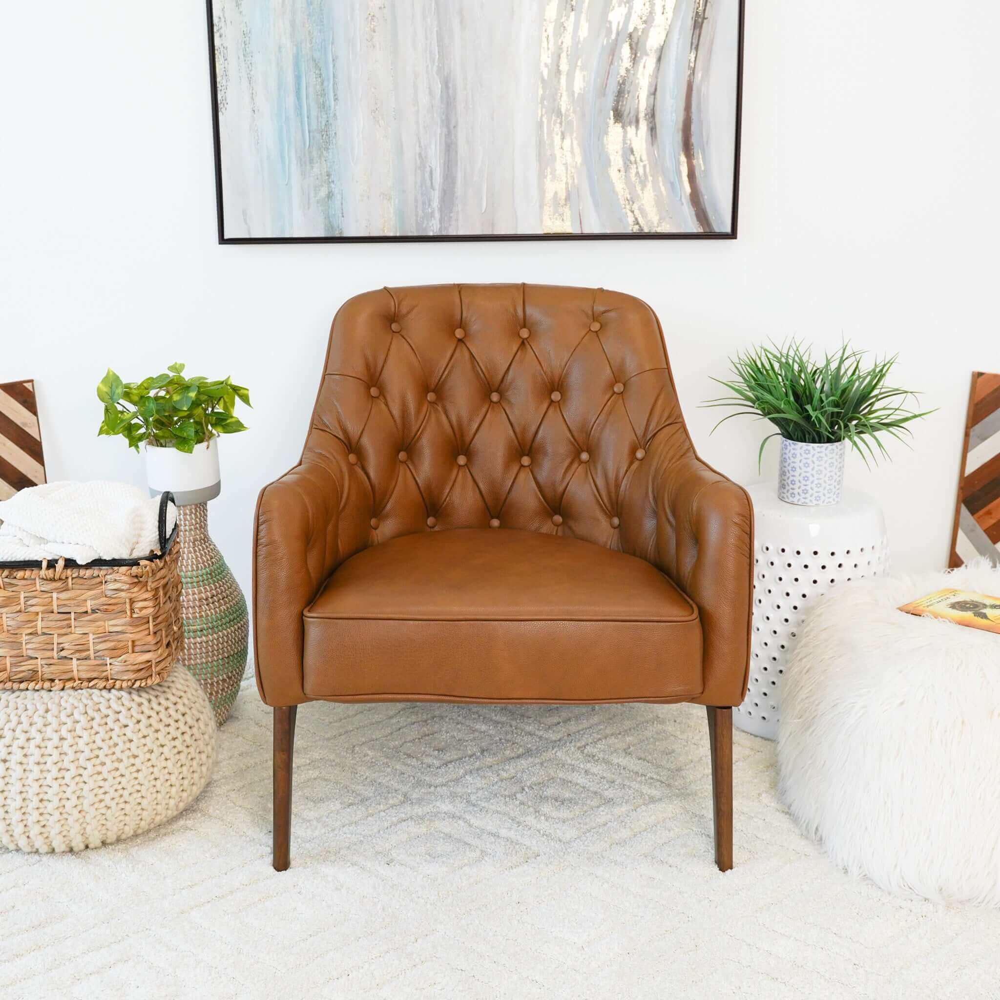 Joshua  Tufted Tan Leather Lounge Chair