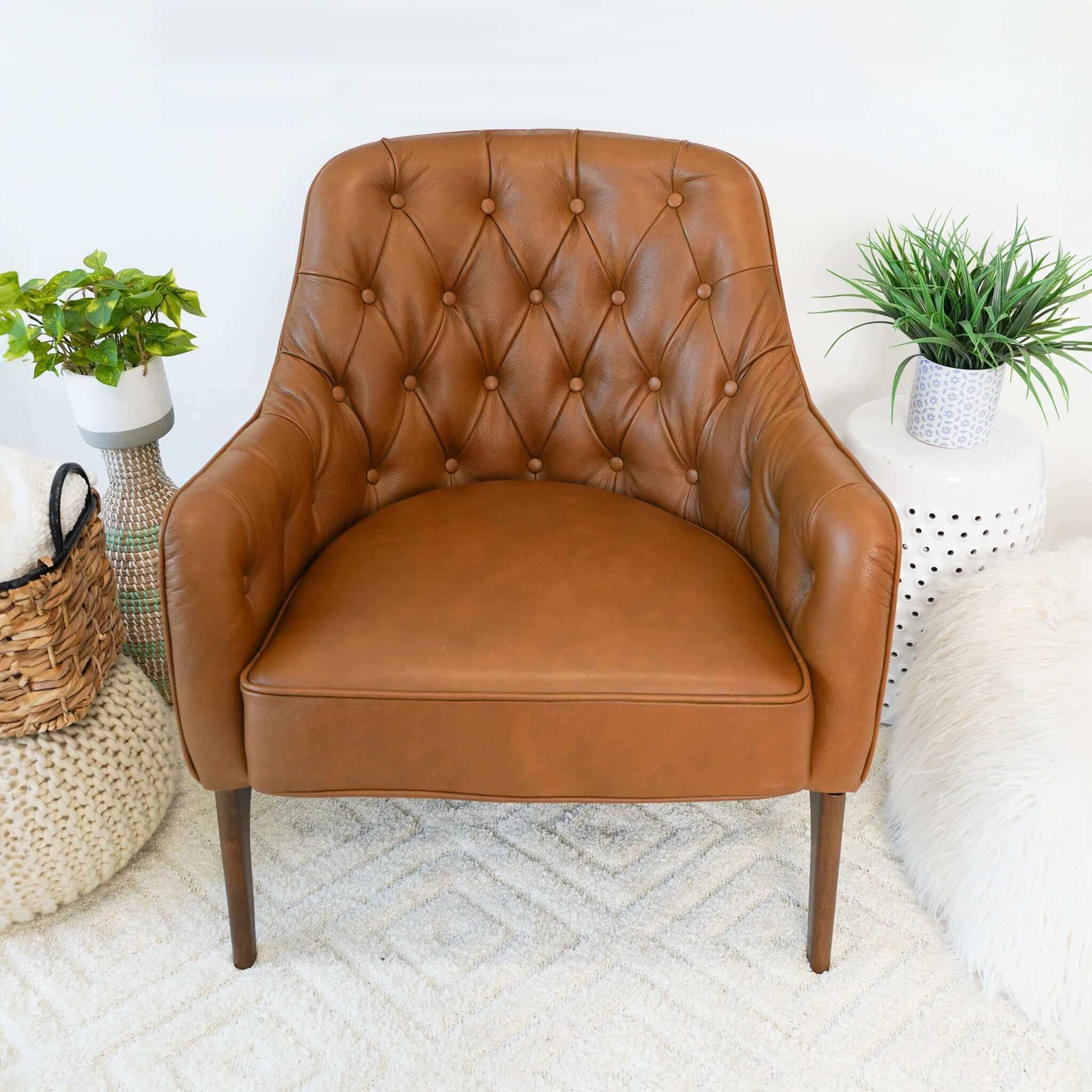 Joshua  Tufted Tan Leather Lounge Chair