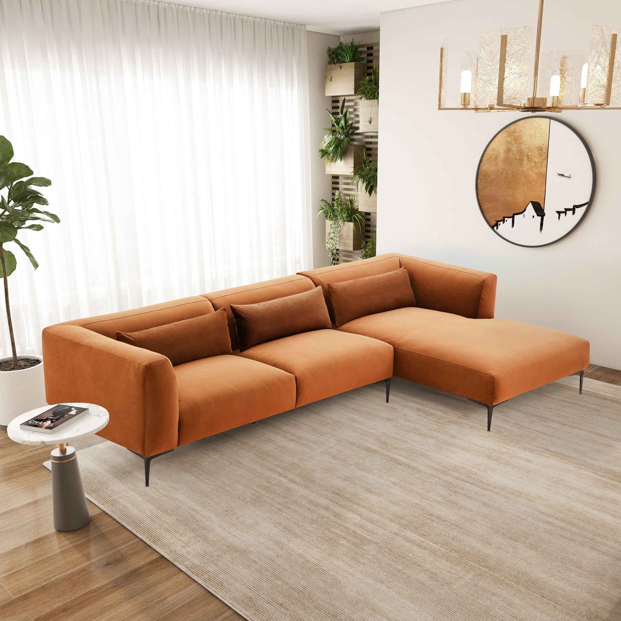 Laley Right-Facing L-Shaped Velvet Sectional in Burnt Orange