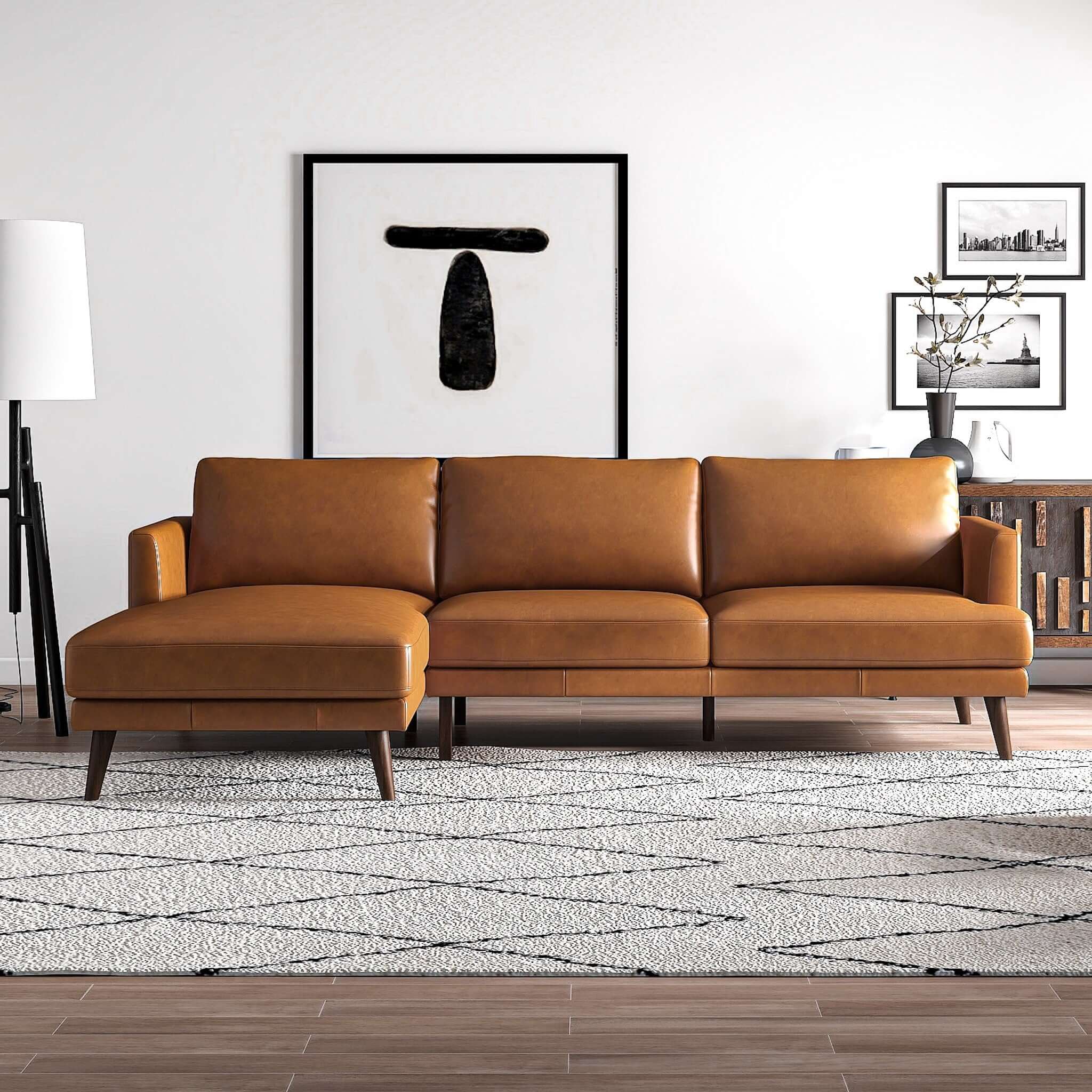 Lore  L-Shaped Genuine Leather Sectional In Tan Left Facing