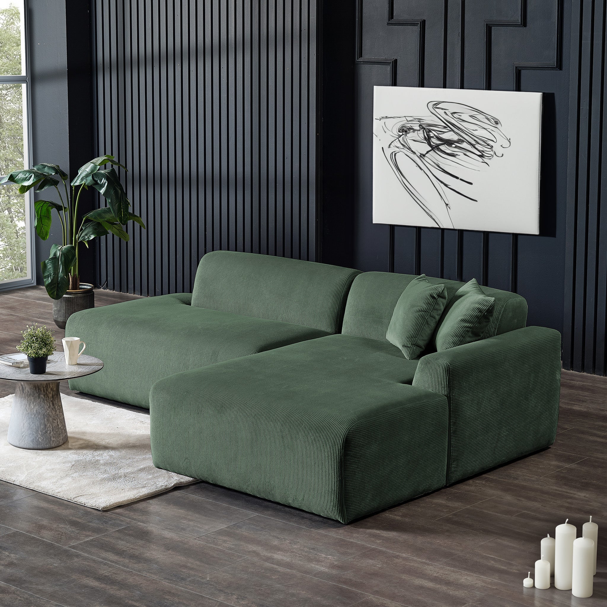 Mar Sectional Green Corduroy Sofa (Right Facing)