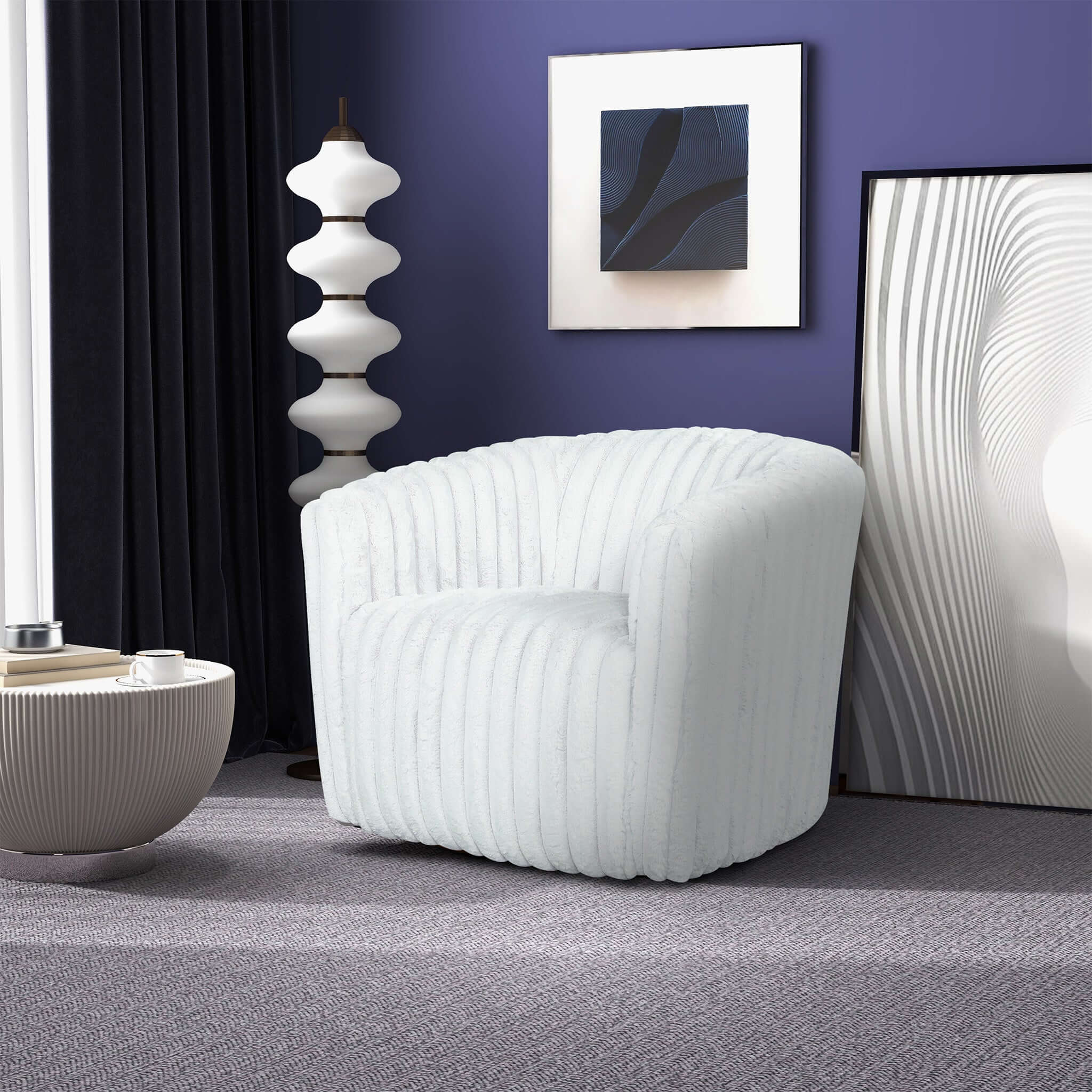 Mira White Soft Plush Fabric Swivel Chair