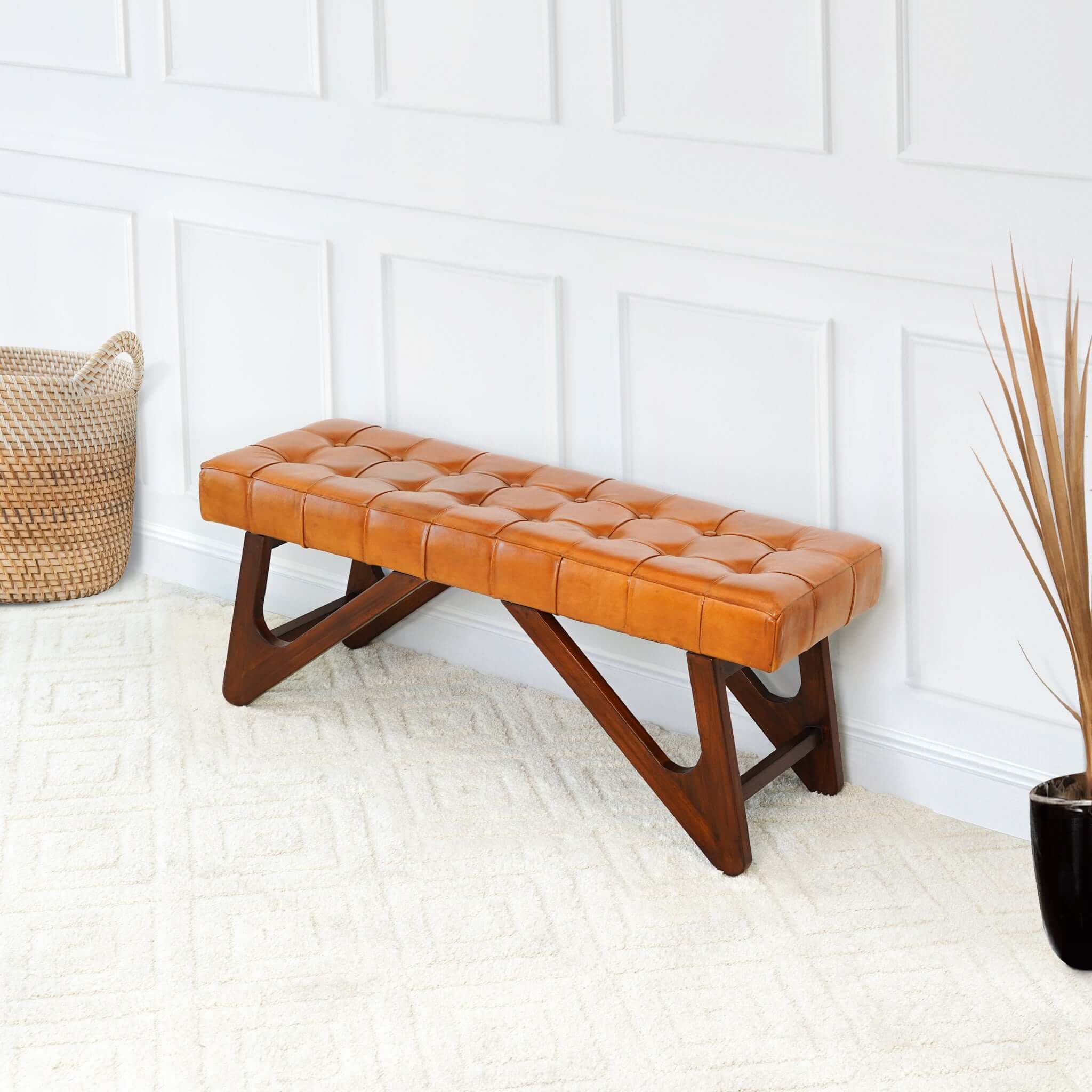 Mia Tan Leather Bench With Buttons