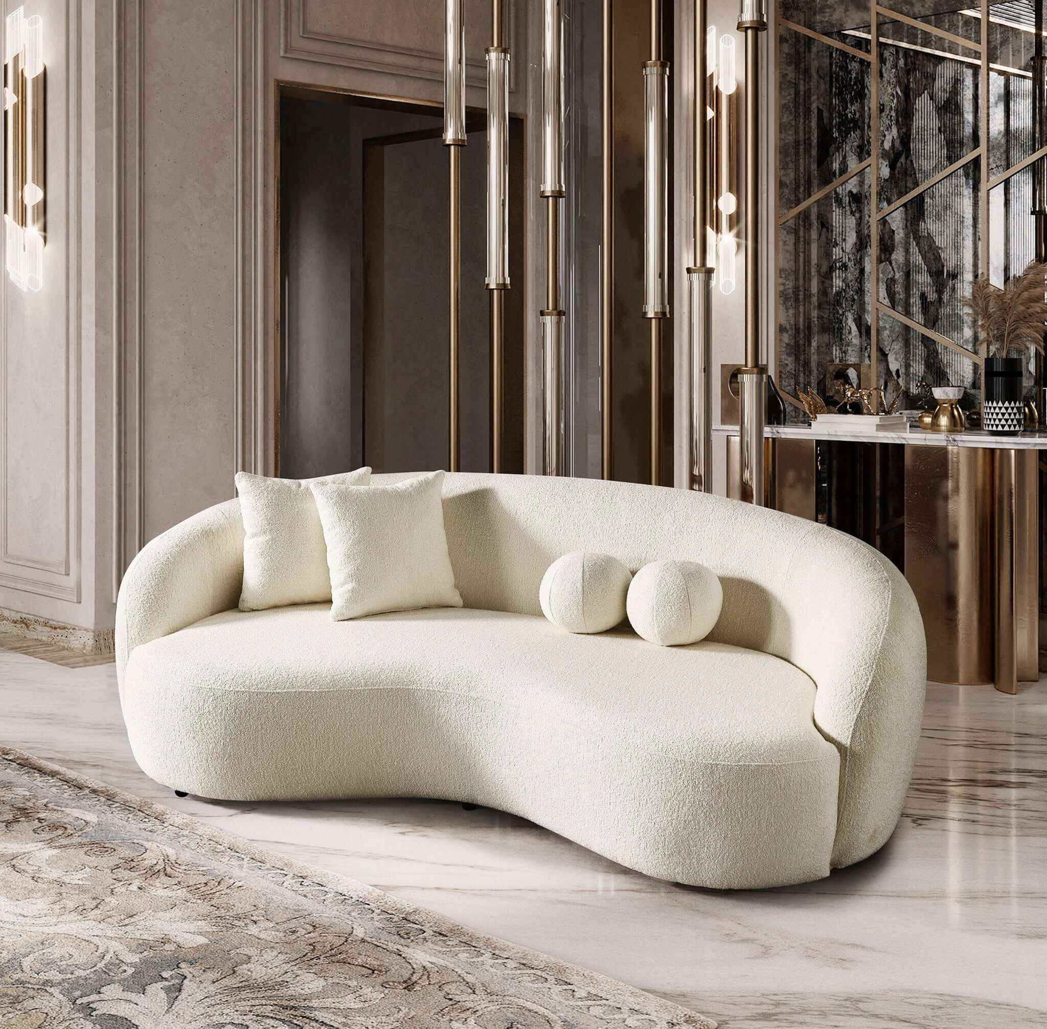 #Color_Ivory Drake Japandi Style Curvy Boucle Sofa