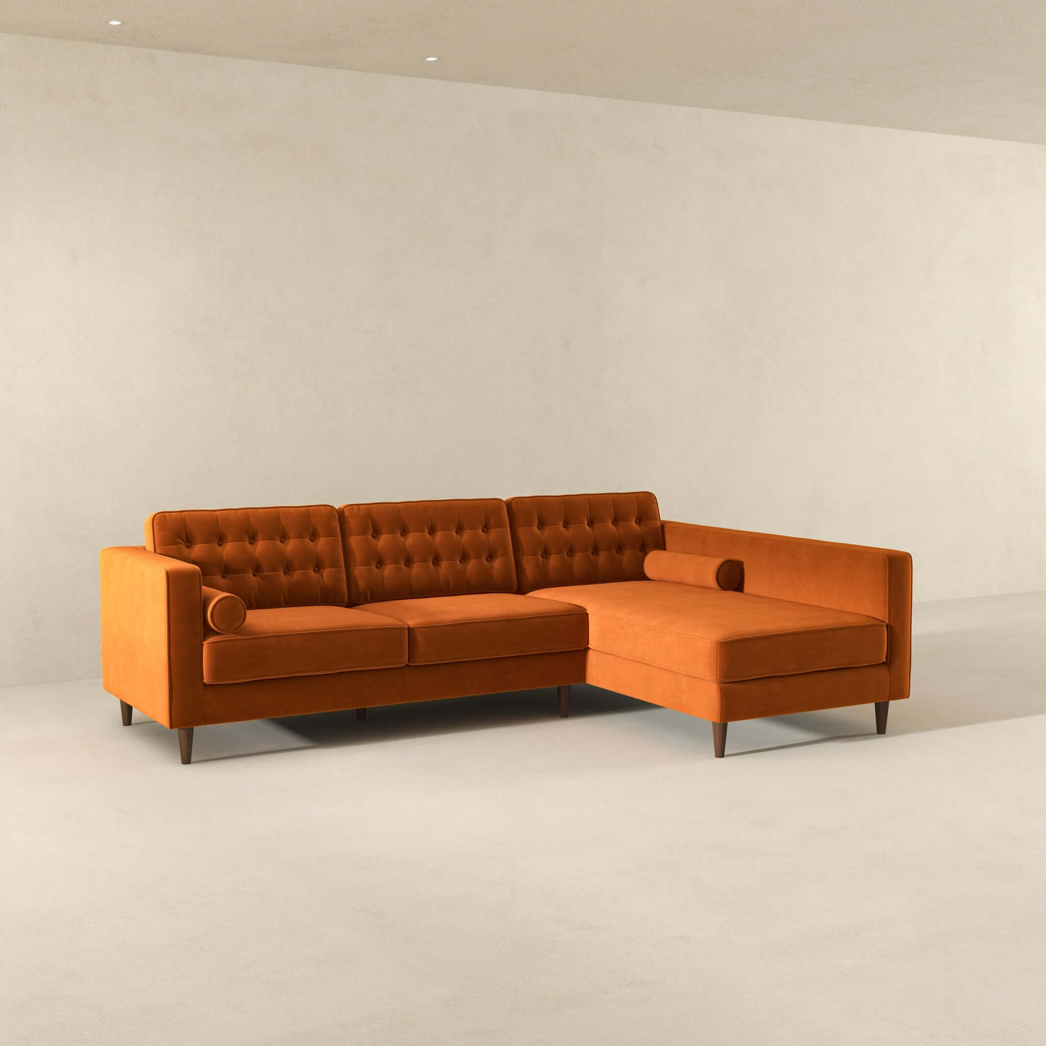 Christian  Burnt Orange Velvet Sectional Sofa Right Facing