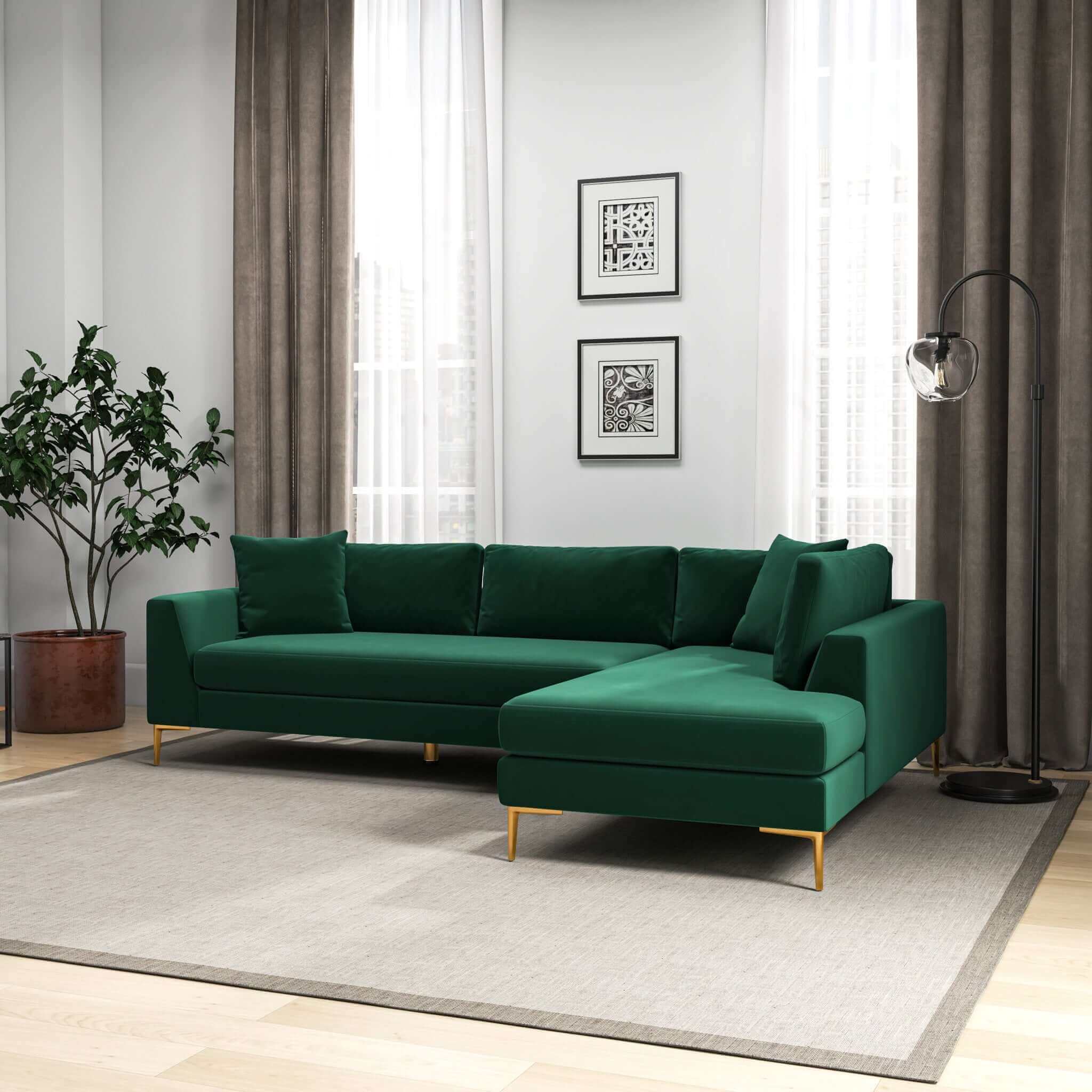 Mano  L-Shaped Velvet Sectional Sofa In Green Right Facing