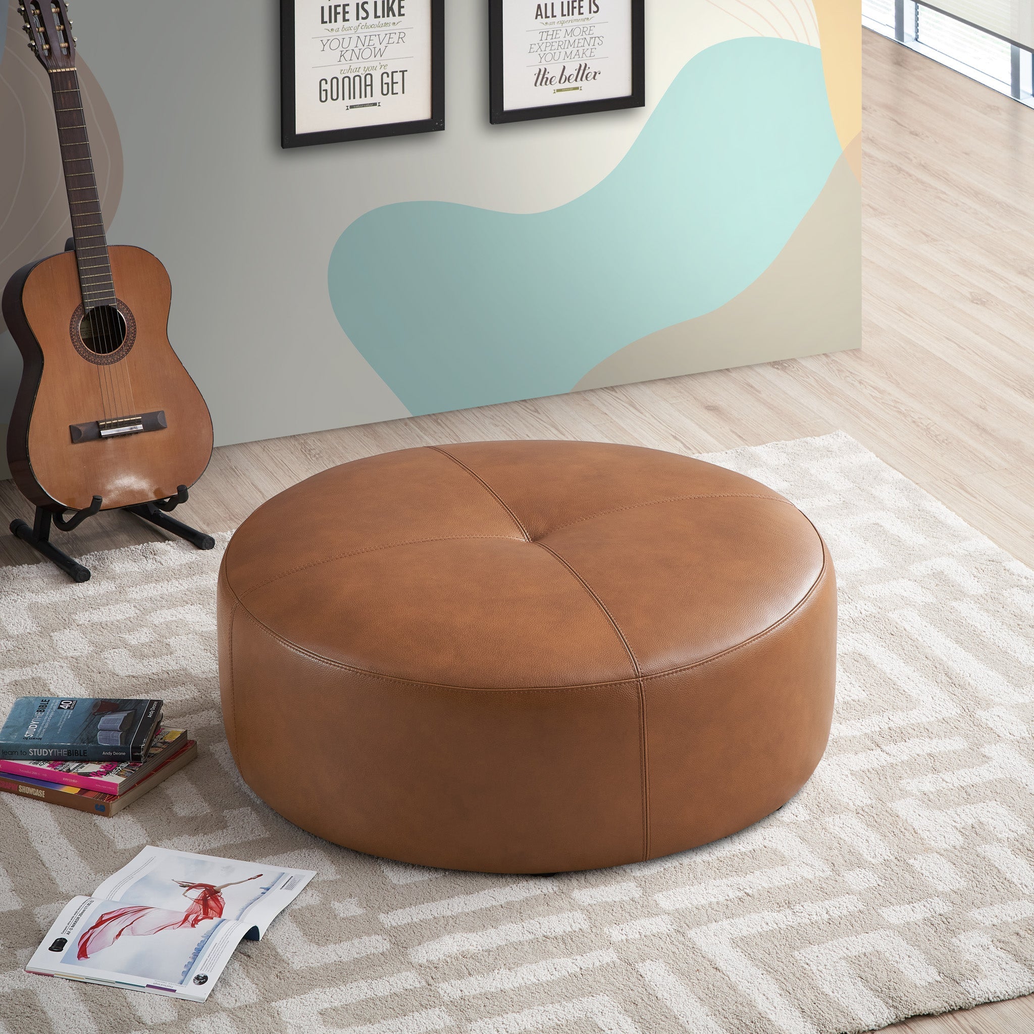 Rochelin Tan Leather Ottoman