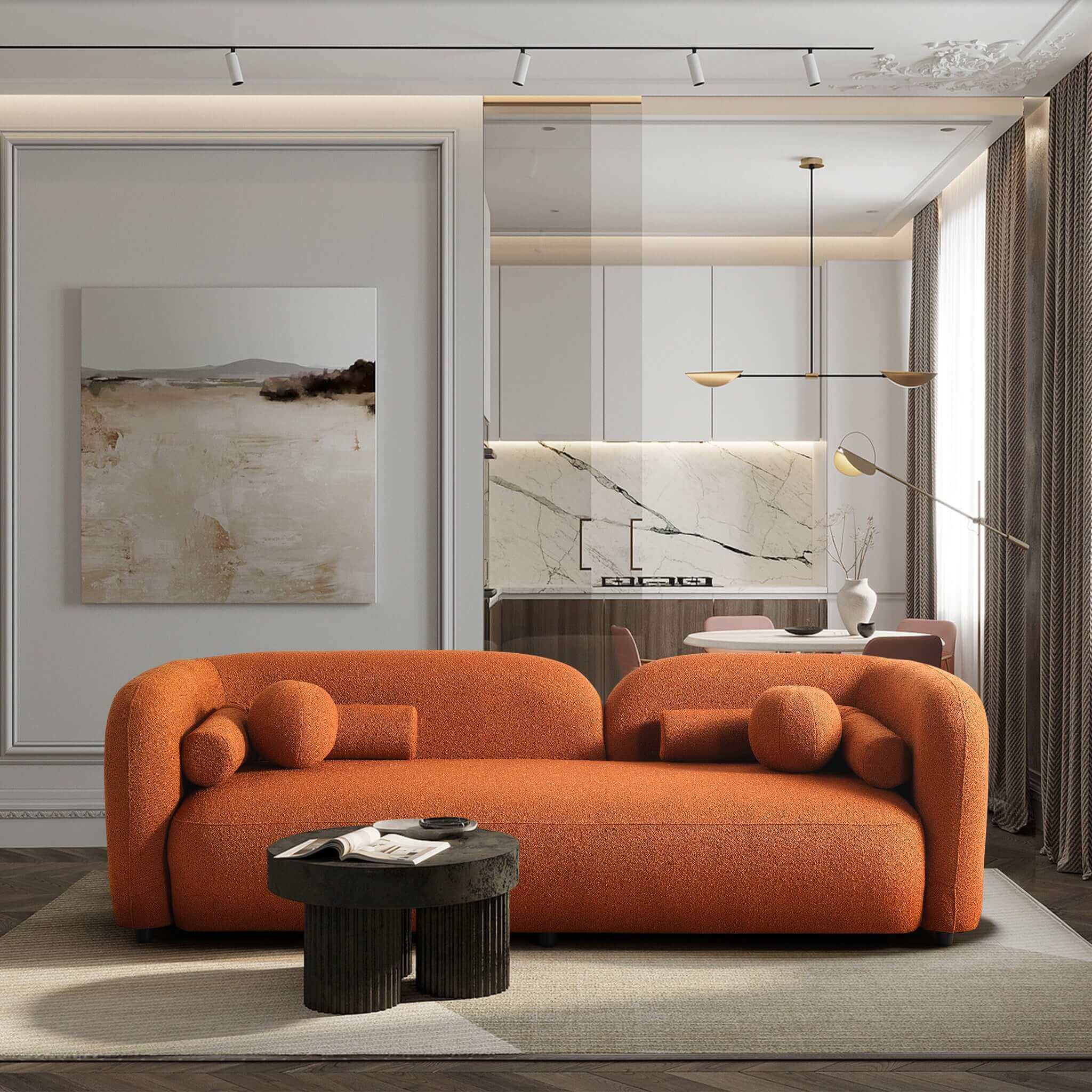 #Color_Orange Donna Japandi Style Boucle Sofa in Orange front view