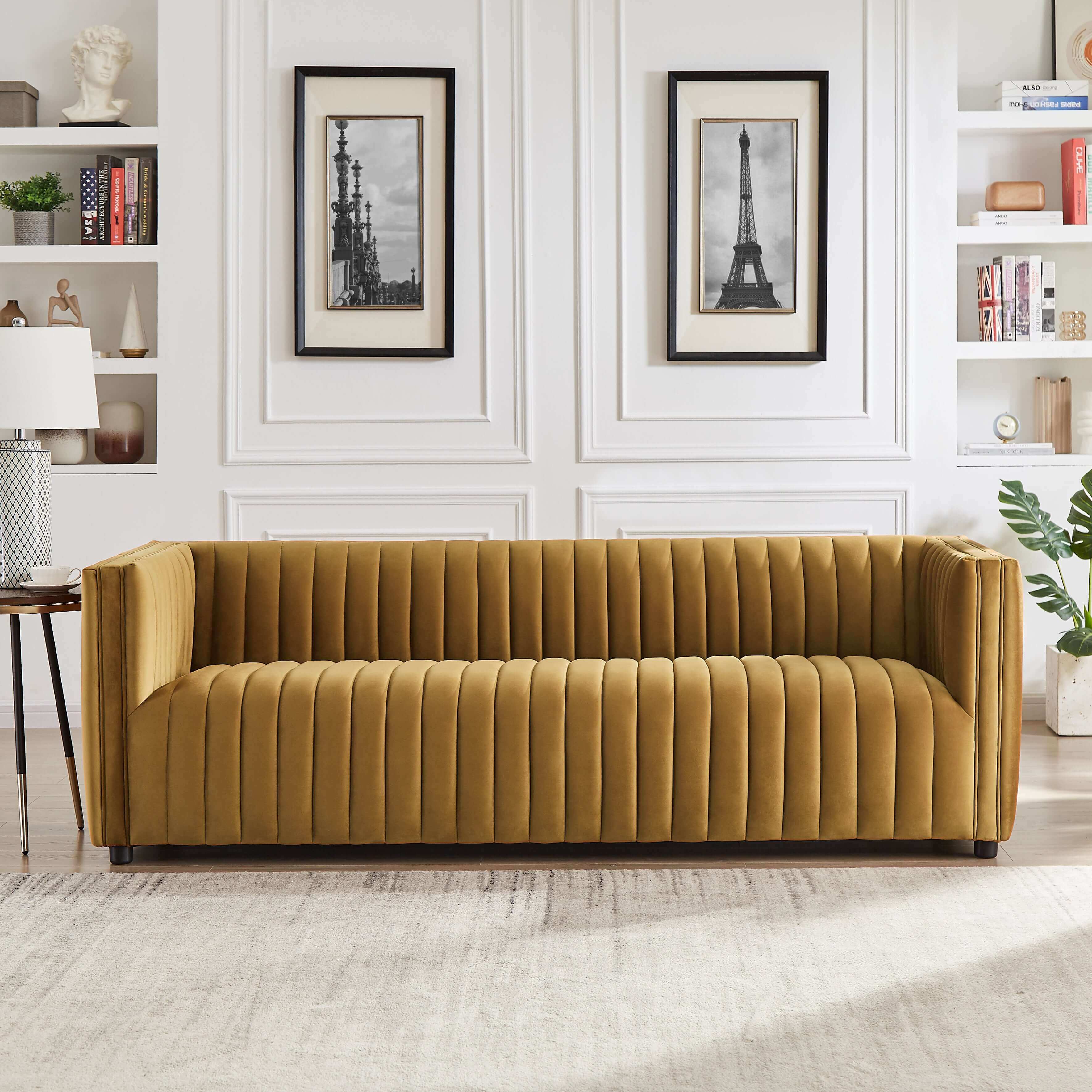 #Color_Yellow Velvet Dominic Channel Tufted Sofa in Yellow Velvet front view