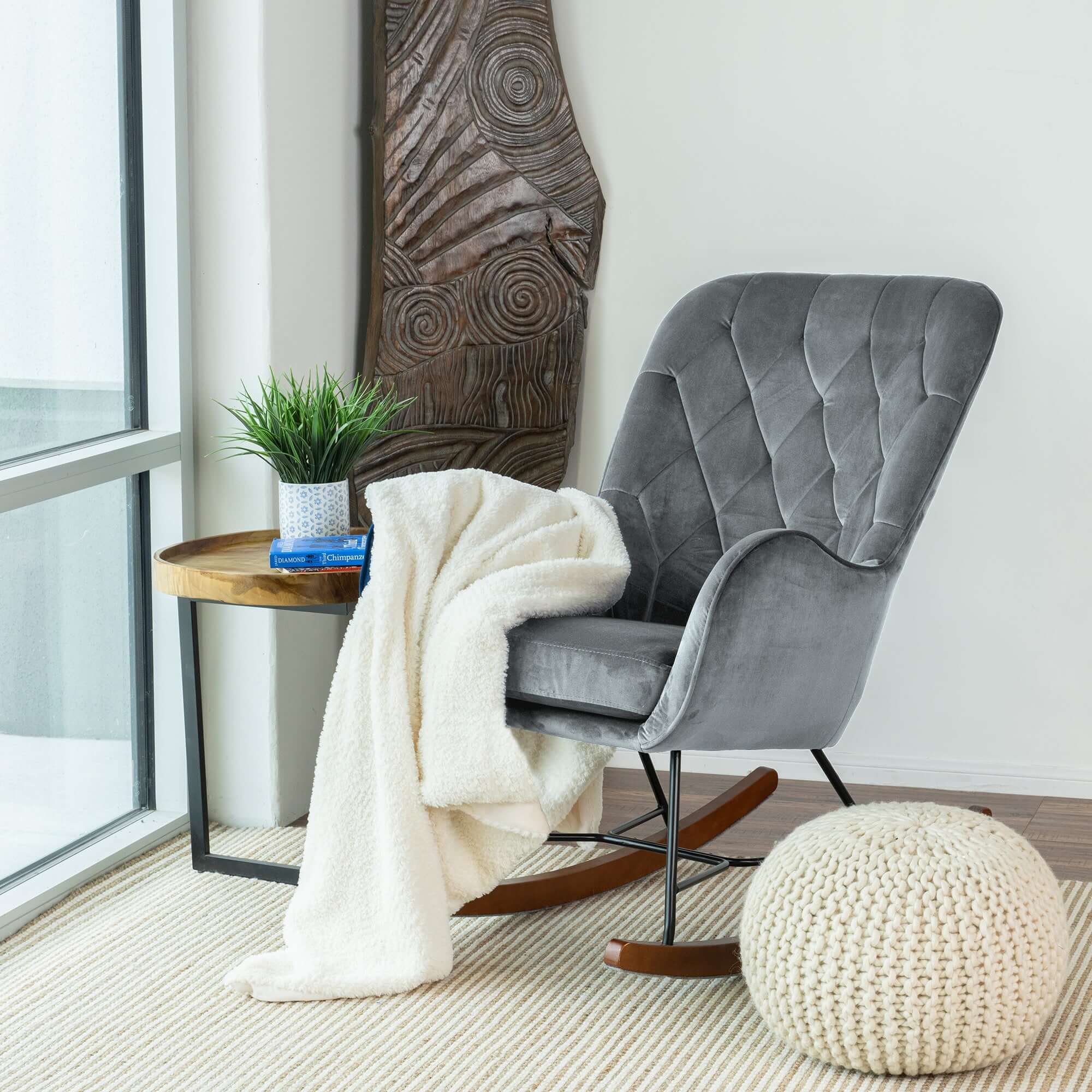 Hannah Mid Century Modern Rocking Chair In Dark Grey