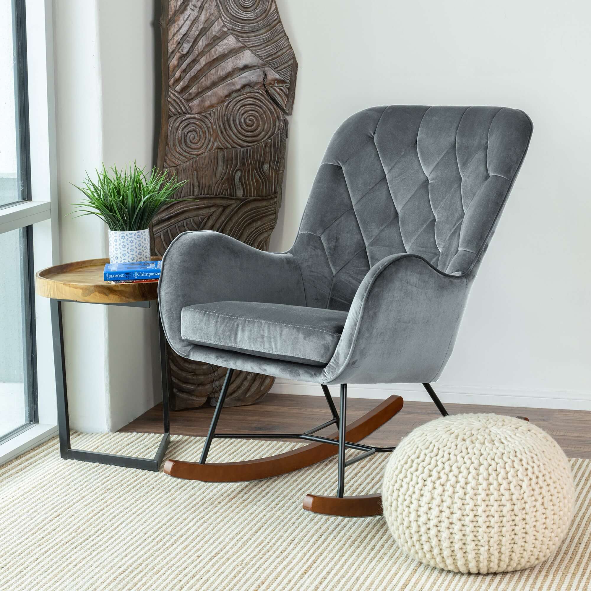 Hannah Mid Century Modern Rocking Chair In Dark Grey