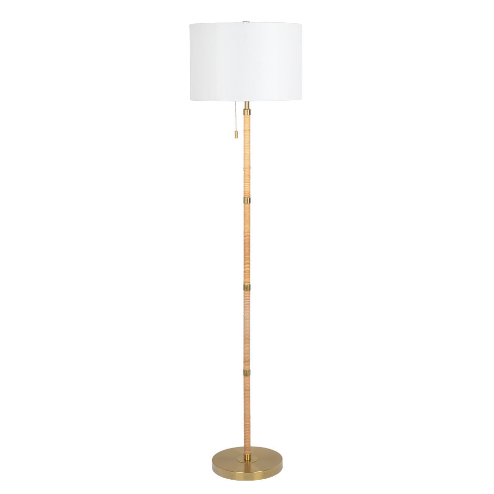 Stellar Wood Rattan Tube , Gold Brass Metal and White Linen Shade Floor Lamp - West Lamp