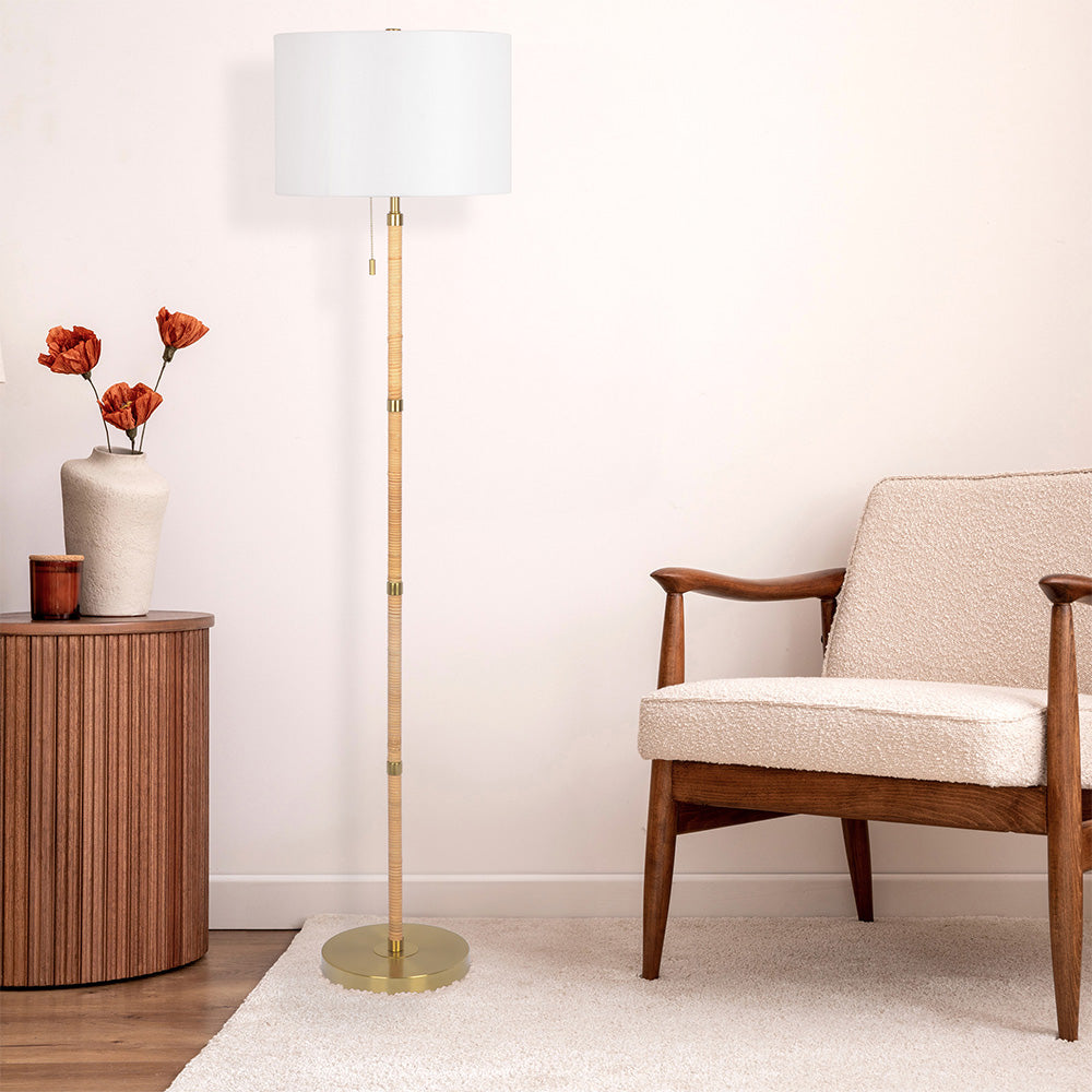 Stellar Wood Rattan Tube , Gold Brass Metal and White Linen Shade Floor Lamp - West Lamp