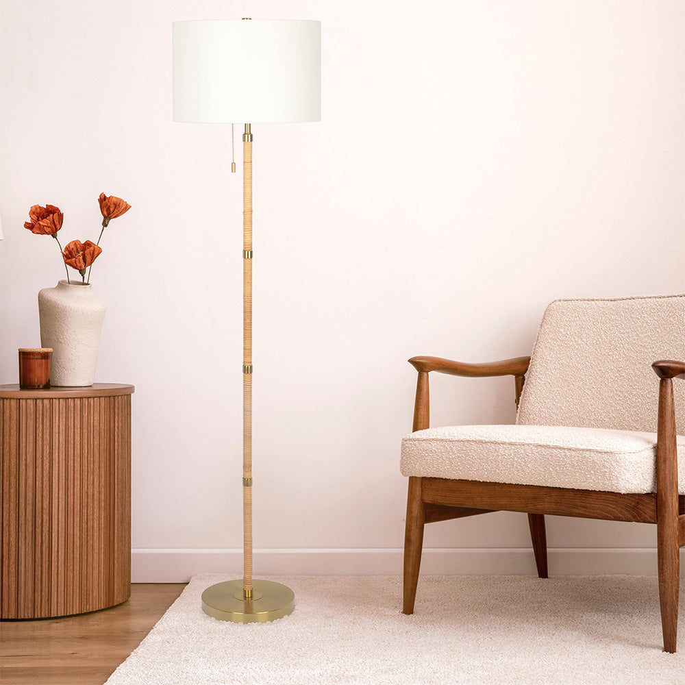 Stellar Wood Rattan Tube , Gold Brass Metal and White Linen Shade Floor Lamp