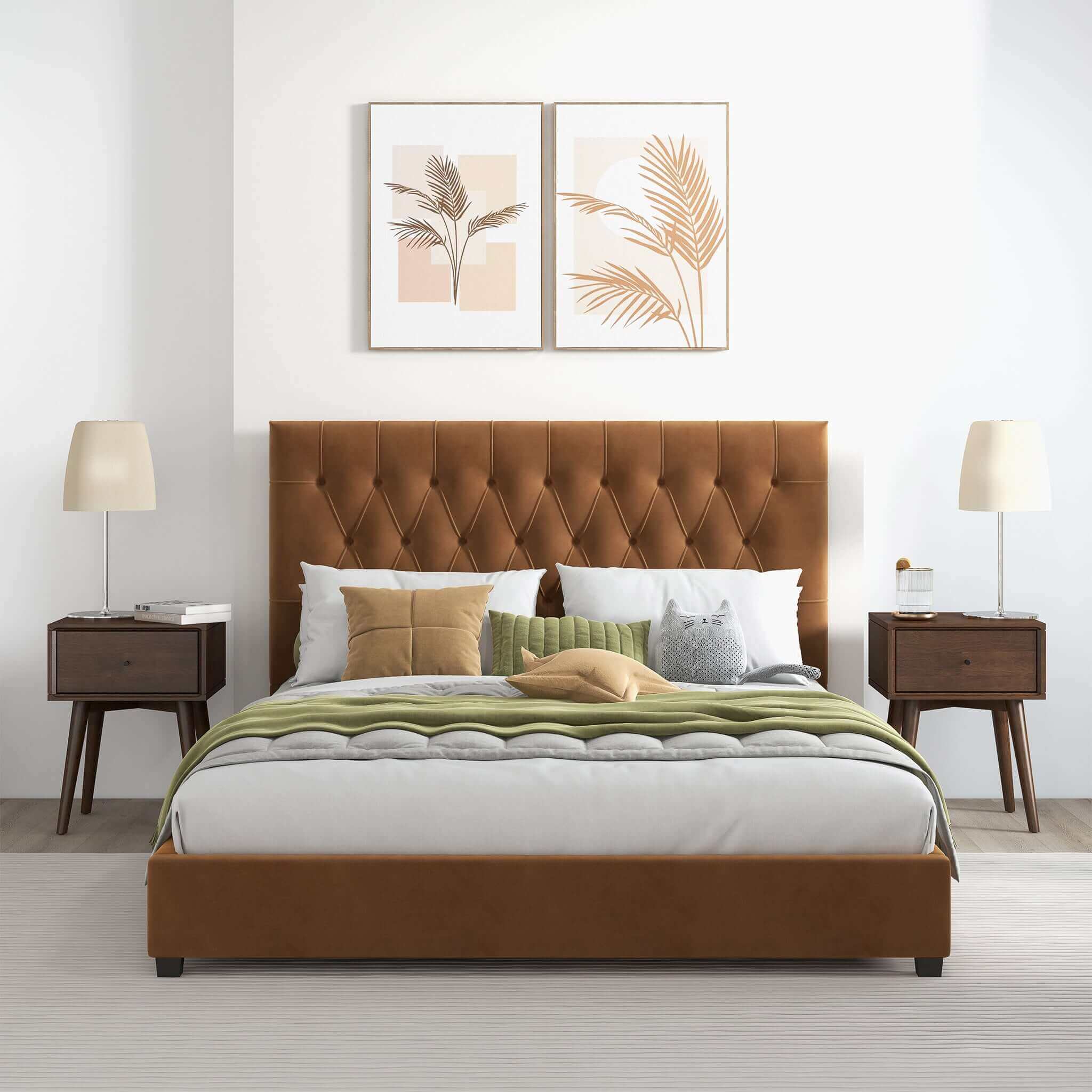 Donald Mid Century Modern Cognac Velvet Platform Bed Queen