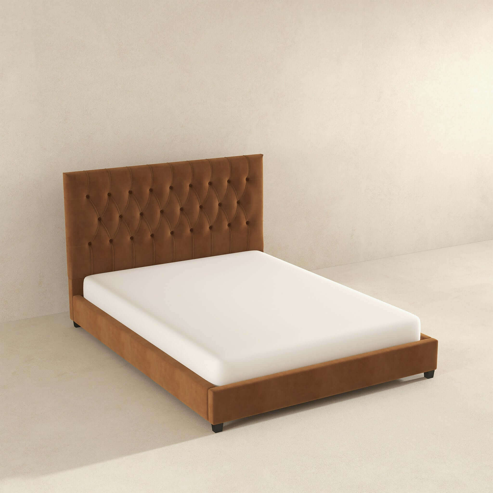 Donald Mid Century Modern Cognac Velvet Platform Bed King