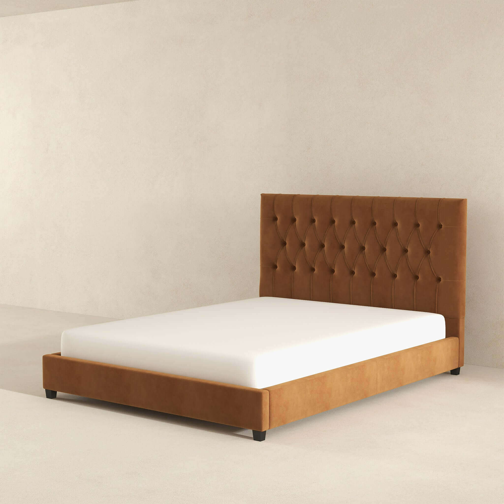 Donald Mid Century Modern Cognac Velvet Platform Bed King