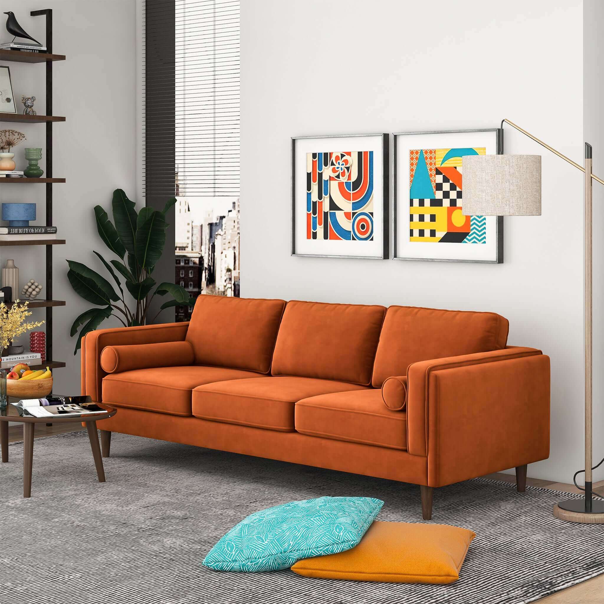 Amber Mid Century Modern Burnt Orange Luxury Modern Velvet Sofa