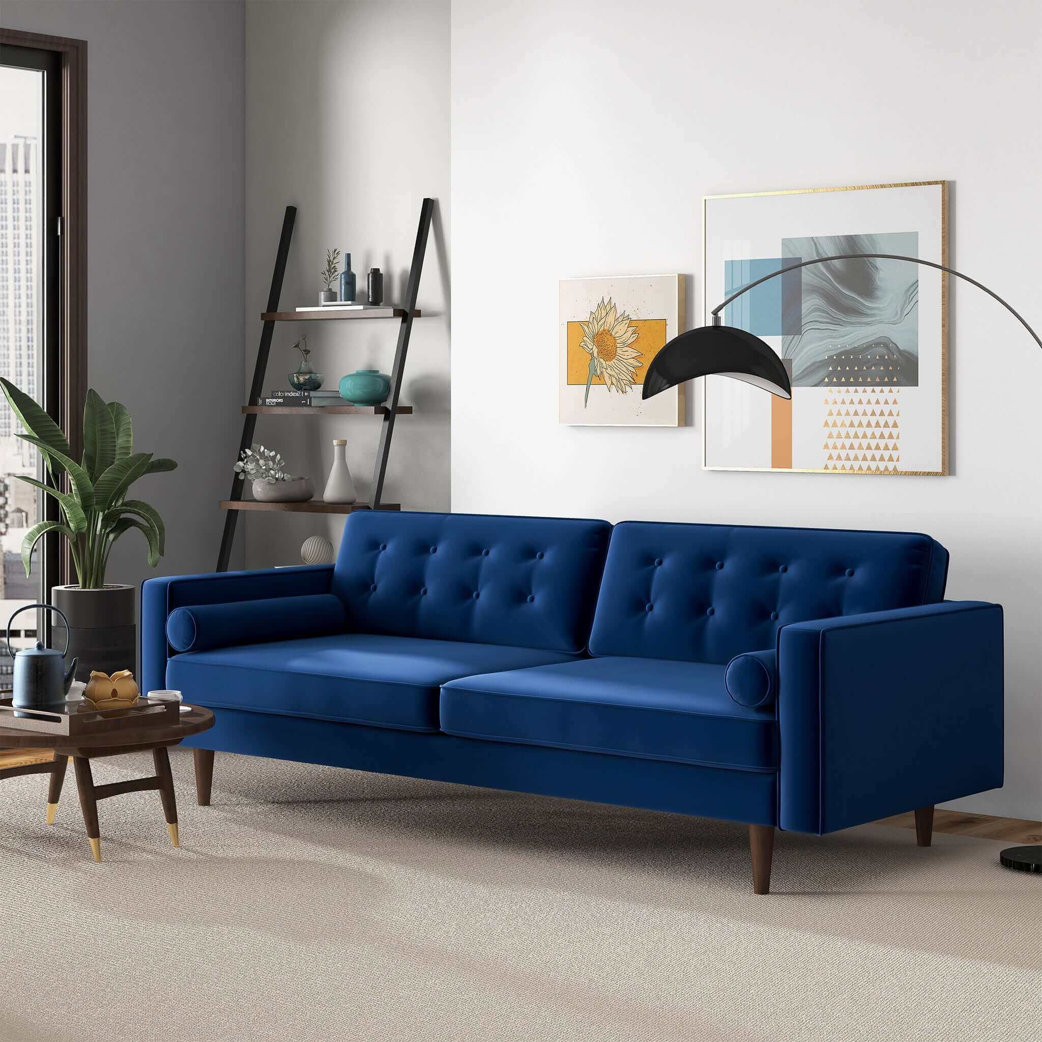 Casey Mid Century Modern Blue Velvet Sofa