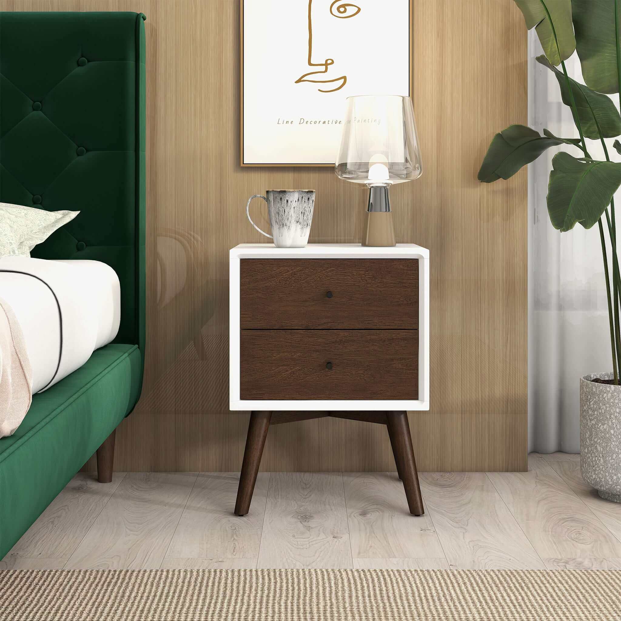 Caroline Mid Century Modern Style White Night Stand 2-Drawer