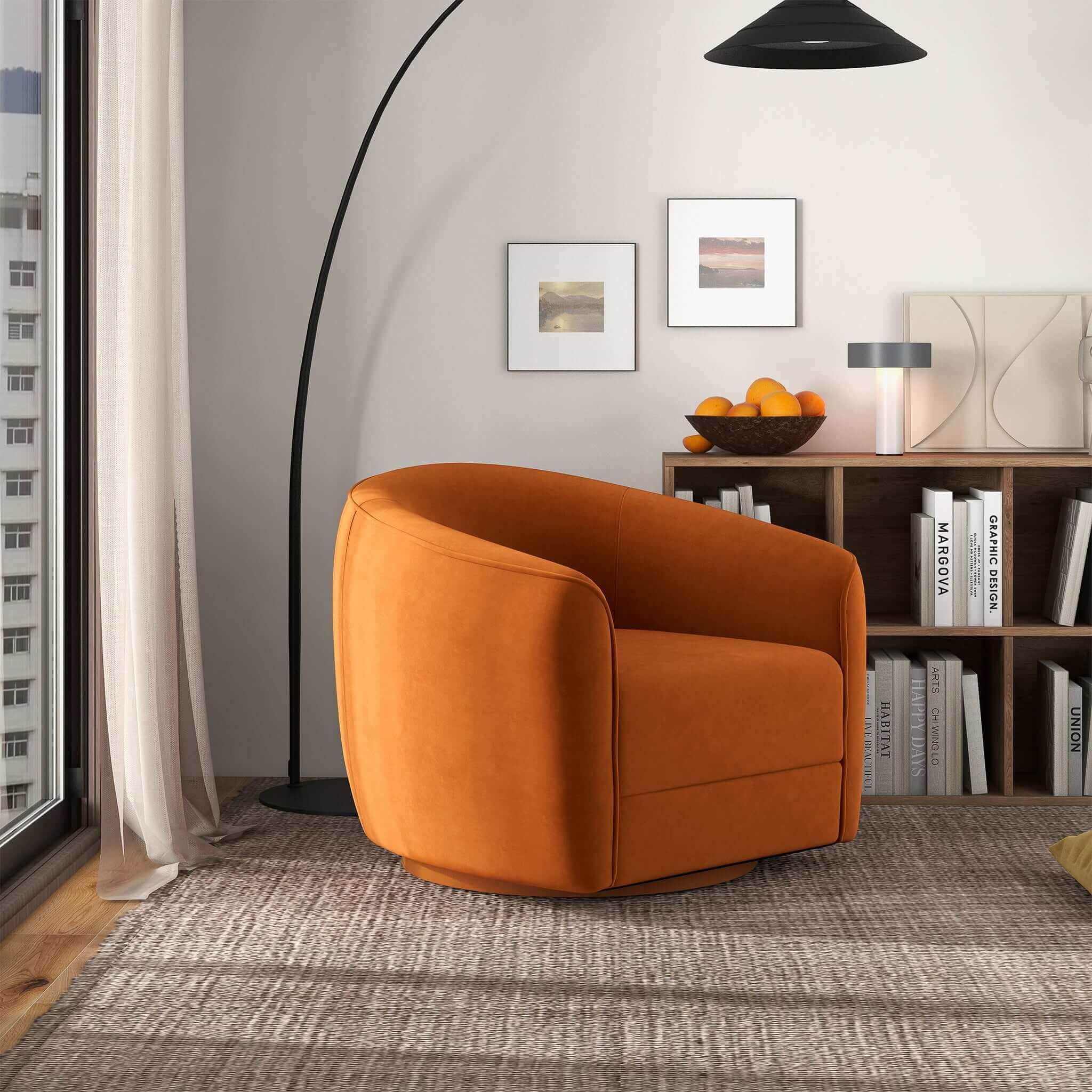 Elise Mid Century Modern Burnt Orange Velvet Swivel Chair