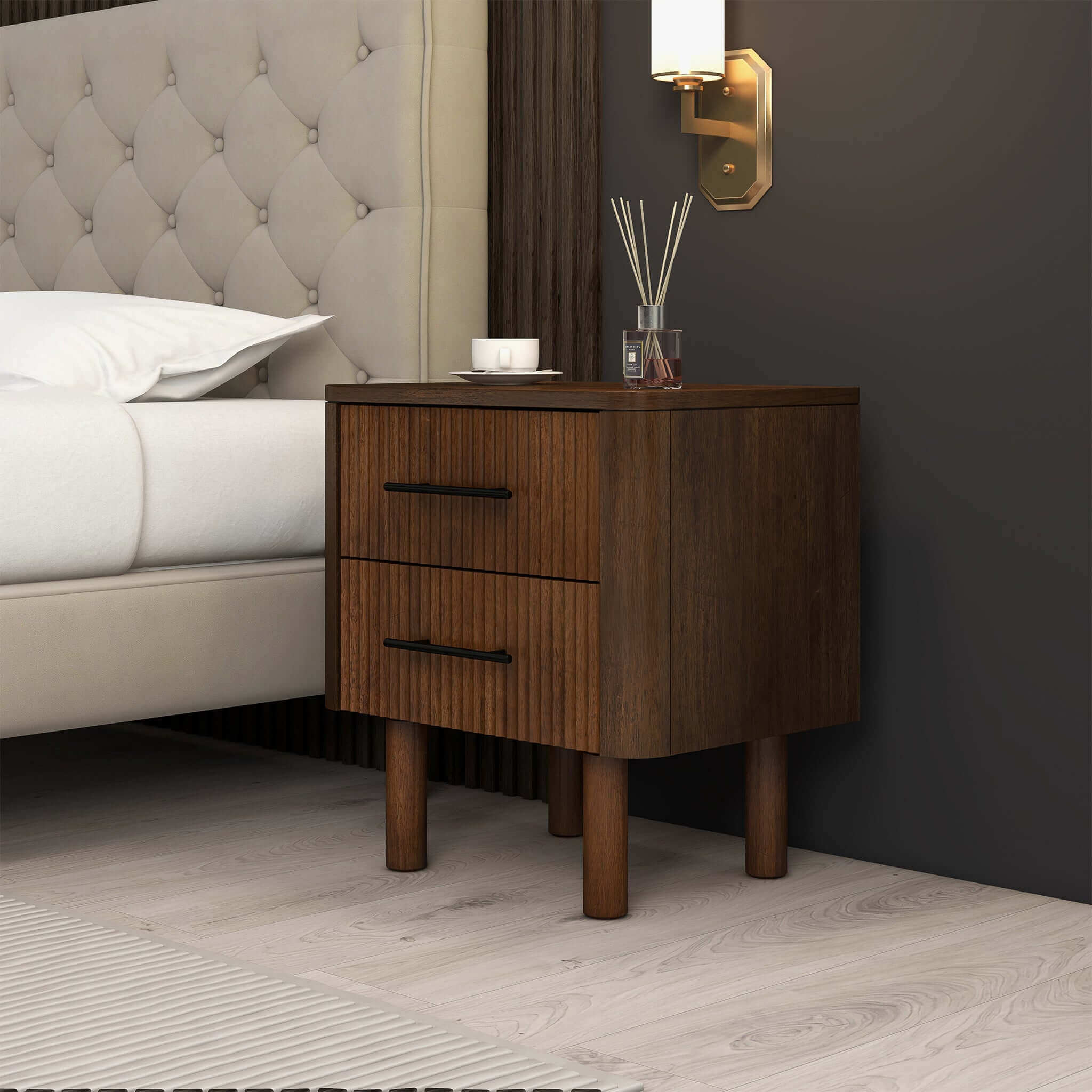 Logan Mid Century Modern Walnut Nightstand Bed Side Tables With 2 Drawers